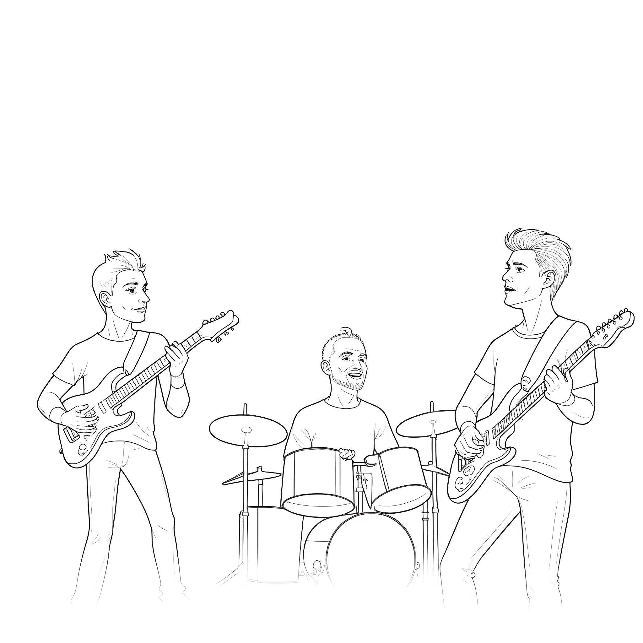 U2 performing on stage Coloring Page (free black-and-white line drawing printable PDF for all, from beginners to advanced learners, including children, teens, adults, and seniors)