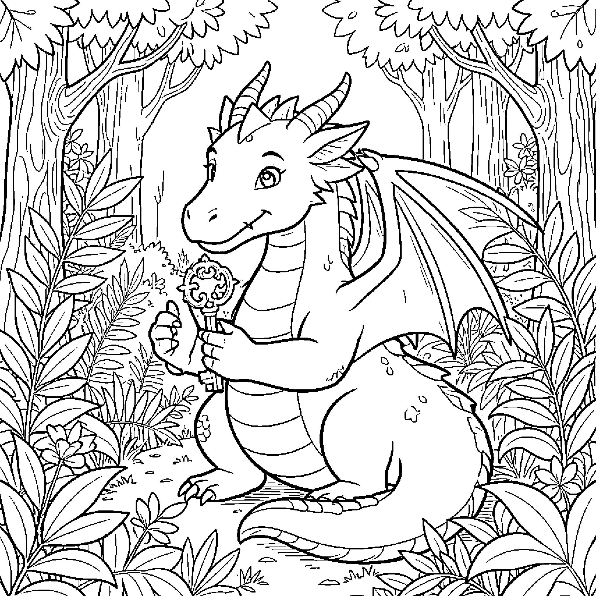 Dragon playing with cute creature in enchanted forest Coloring Page (free black-and-white line drawing printable PDF for all, from beginners to advanced learners, including children, teens, adults, and seniors)