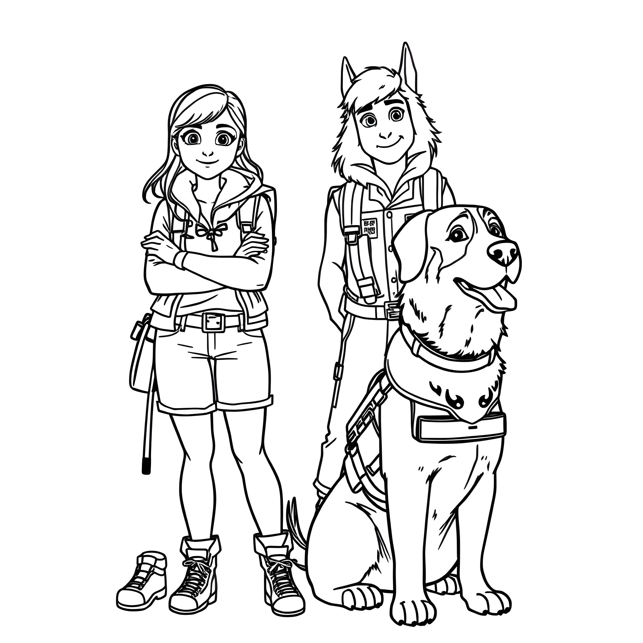 Teen Girl and Boy with Hiking Dog Coloring Page (free black-and-white line drawing printable PDF for all, from beginners to advanced learners, including children, teens, adults, and seniors)