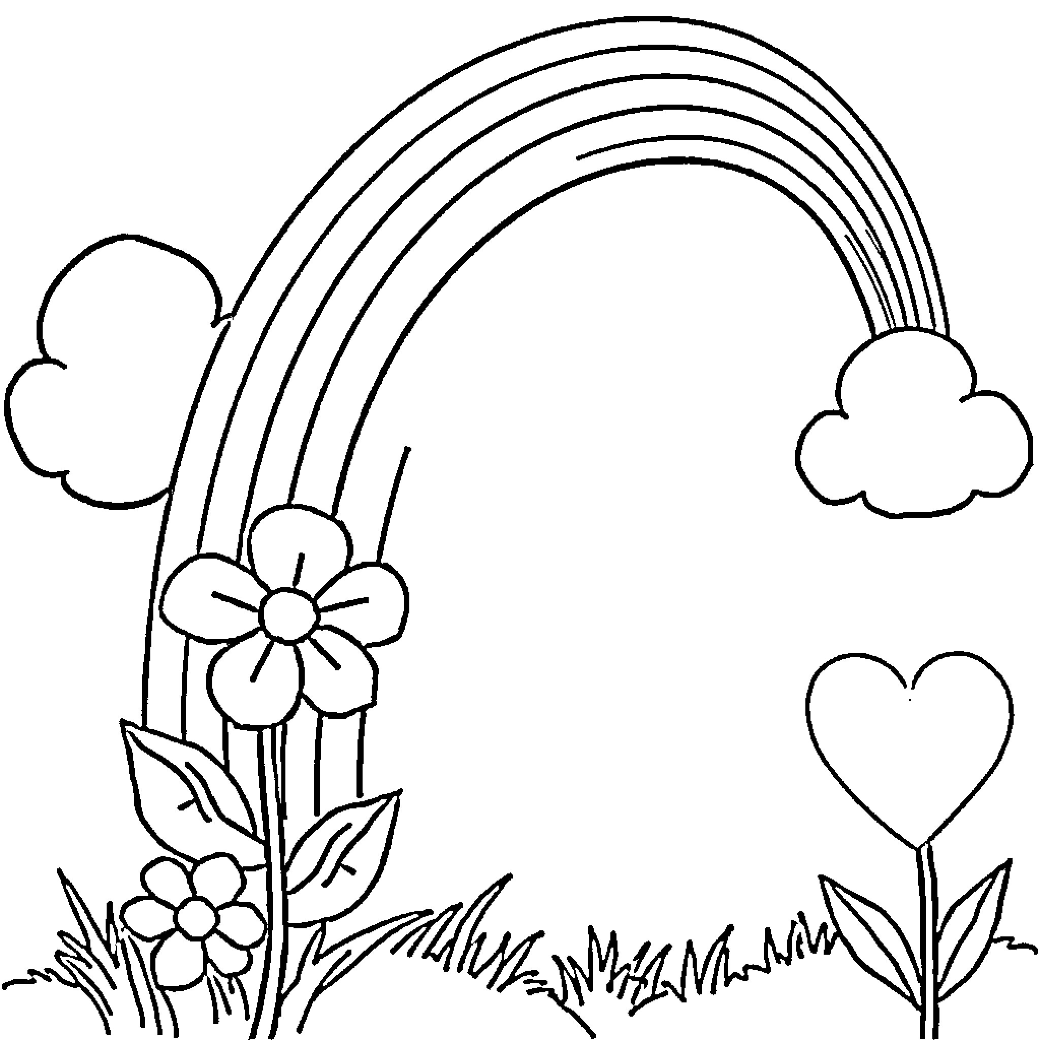 Rainbow flowers and clouds in the garden Coloring Page (free black-and-white line drawing printable PDF for all, from beginners to advanced learners, including children, teens, adults, and seniors)