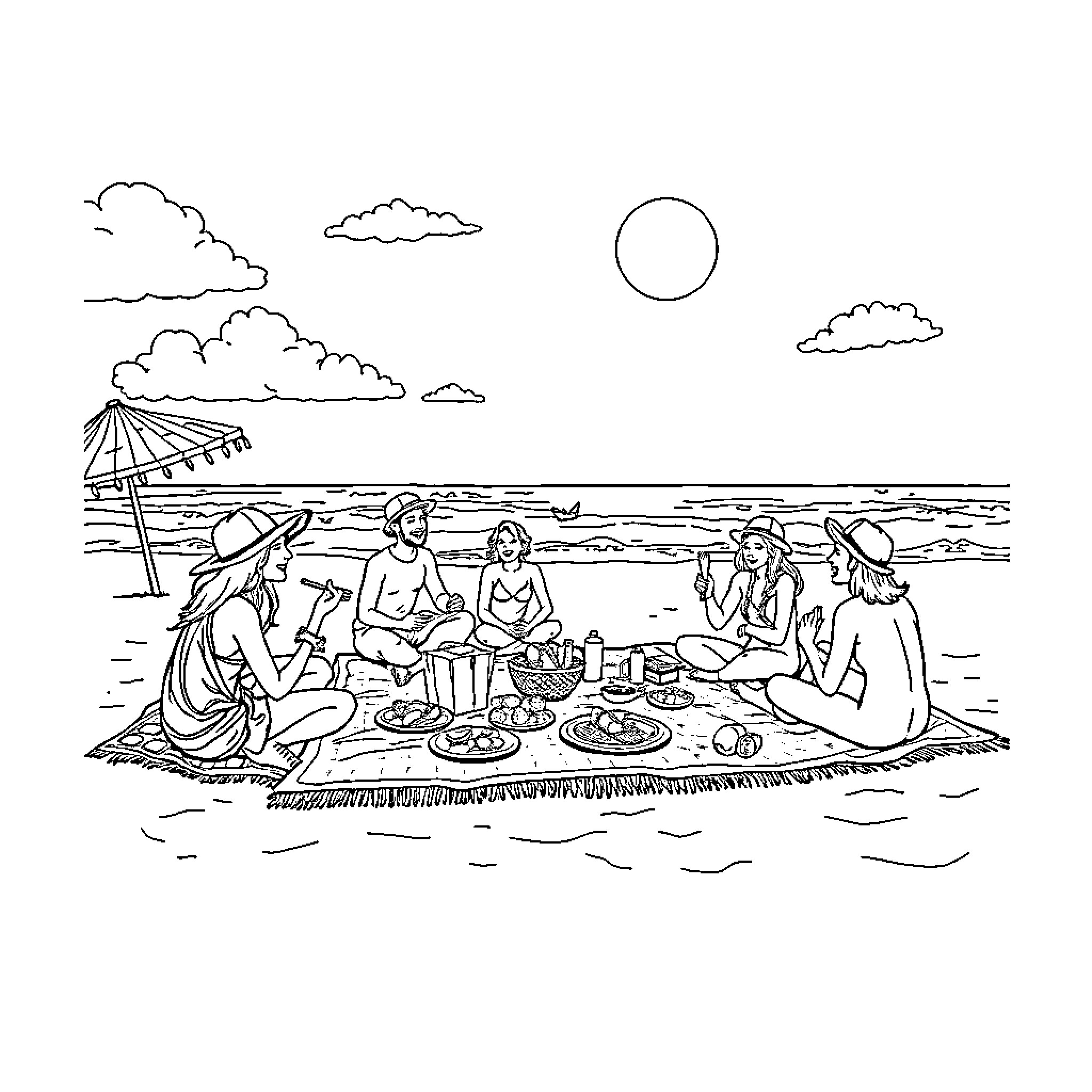Beach picnic with friends enjoying the sun Coloring Page (free black-and-white line drawing printable PDF for all, from beginners to advanced learners, including children, teens, adults, and seniors)