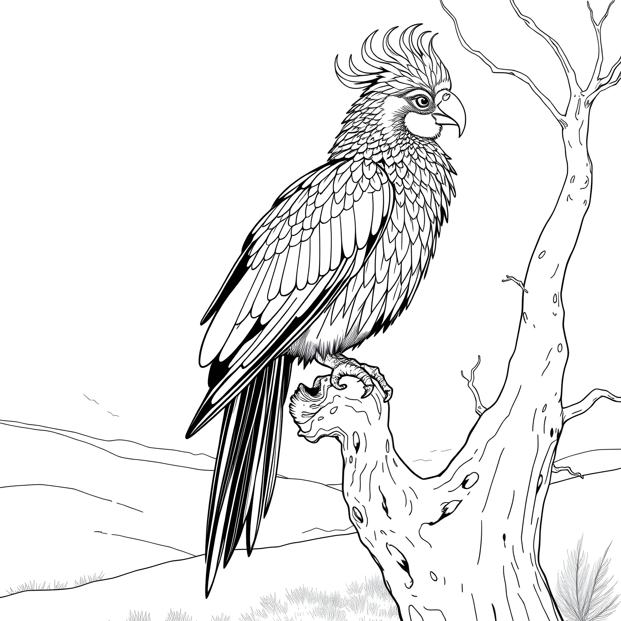 Amandava - Majestic Parrot Perched on a Weathered Branch Coloring Page (free black-and-white line drawing printable PDF for all, from beginners to advanced learners, including children, teens, adults, and seniors)