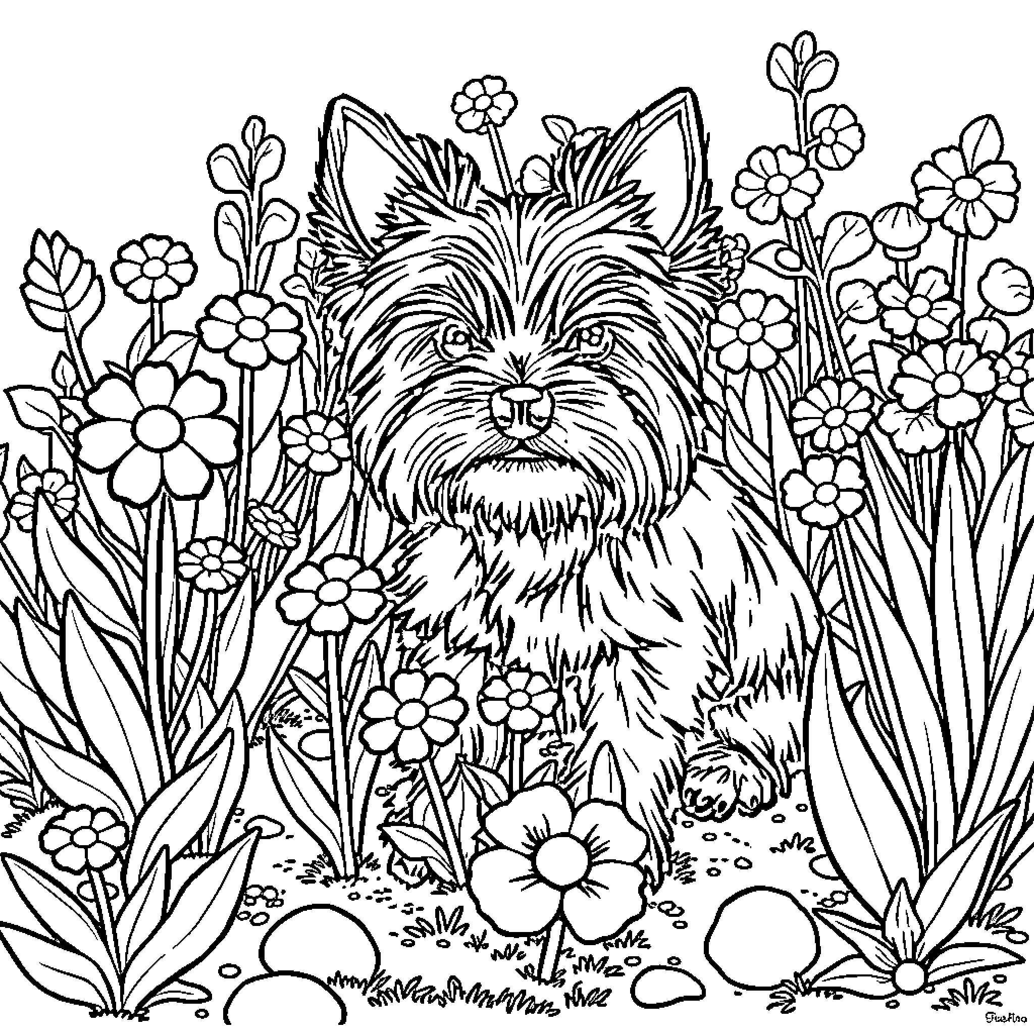 Yorkshire Terrier amongst blooming flowers Coloring Page (free black-and-white line drawing printable PDF for all, from beginners to advanced learners, including children, teens, adults, and seniors)