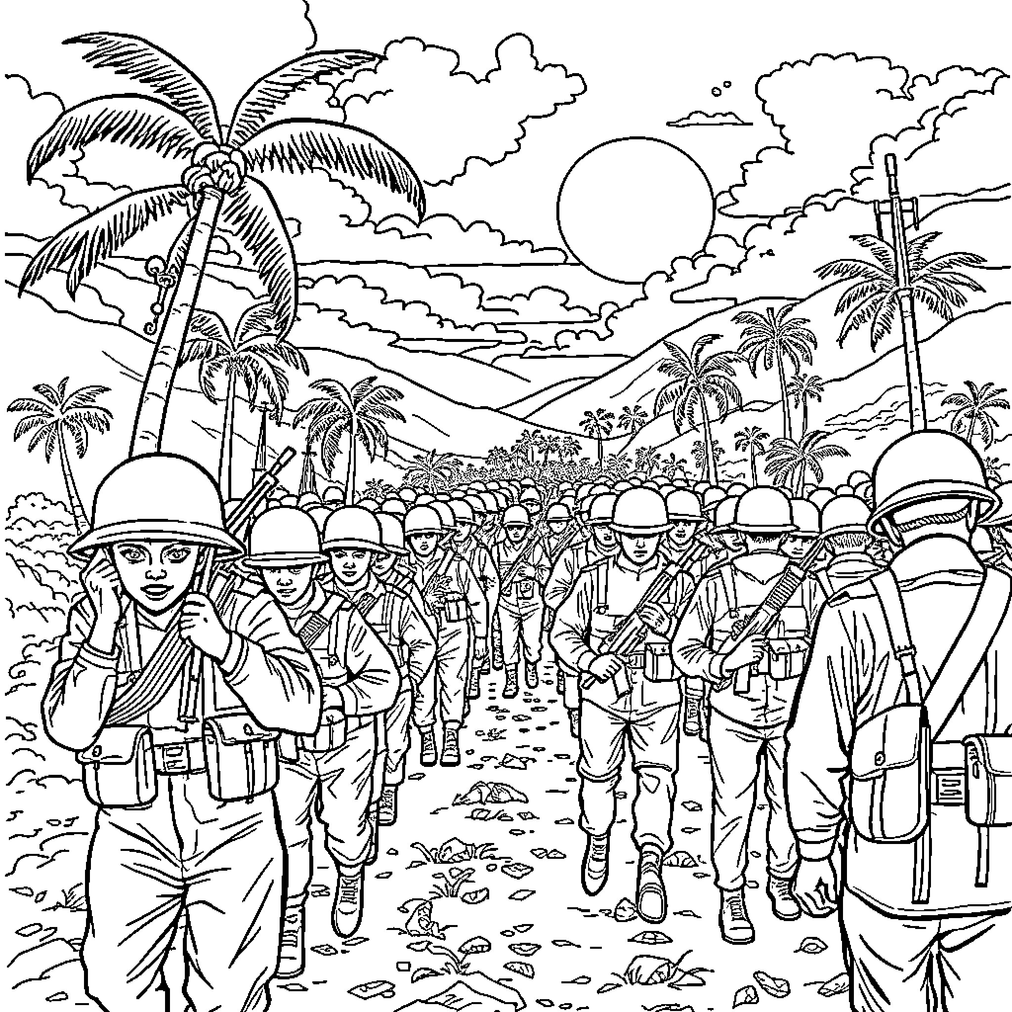 Bataan Death March: Soldiers trudging through tropical landscape Coloring Page (free black-and-white line drawing printable PDF for all, from beginners to advanced learners, including children, teens, adults, and seniors)