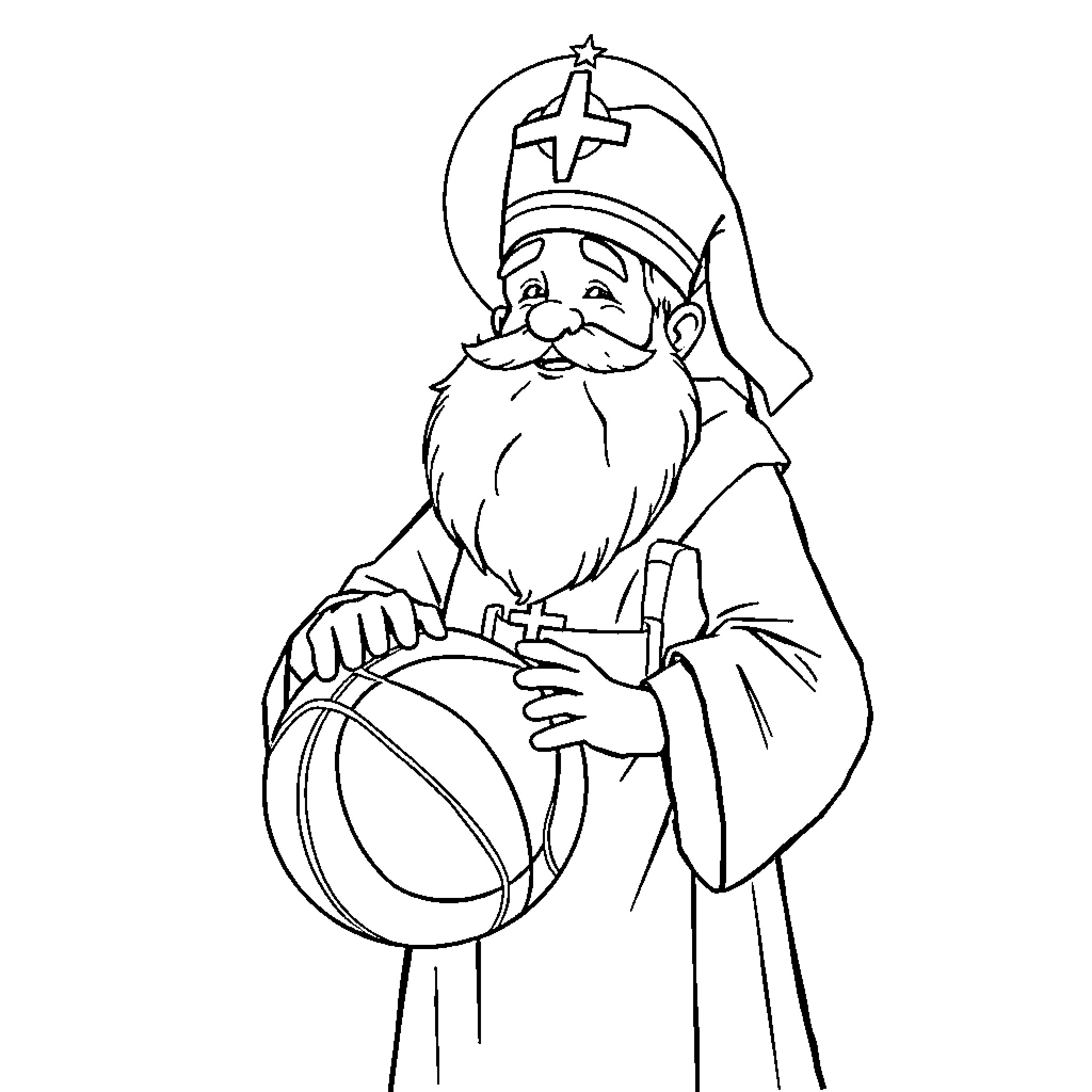 Saint Nicolas playing with a ball Coloring Page (free black-and-white line drawing printable PDF for all, from beginners to advanced learners, including children, teens, adults, and seniors)