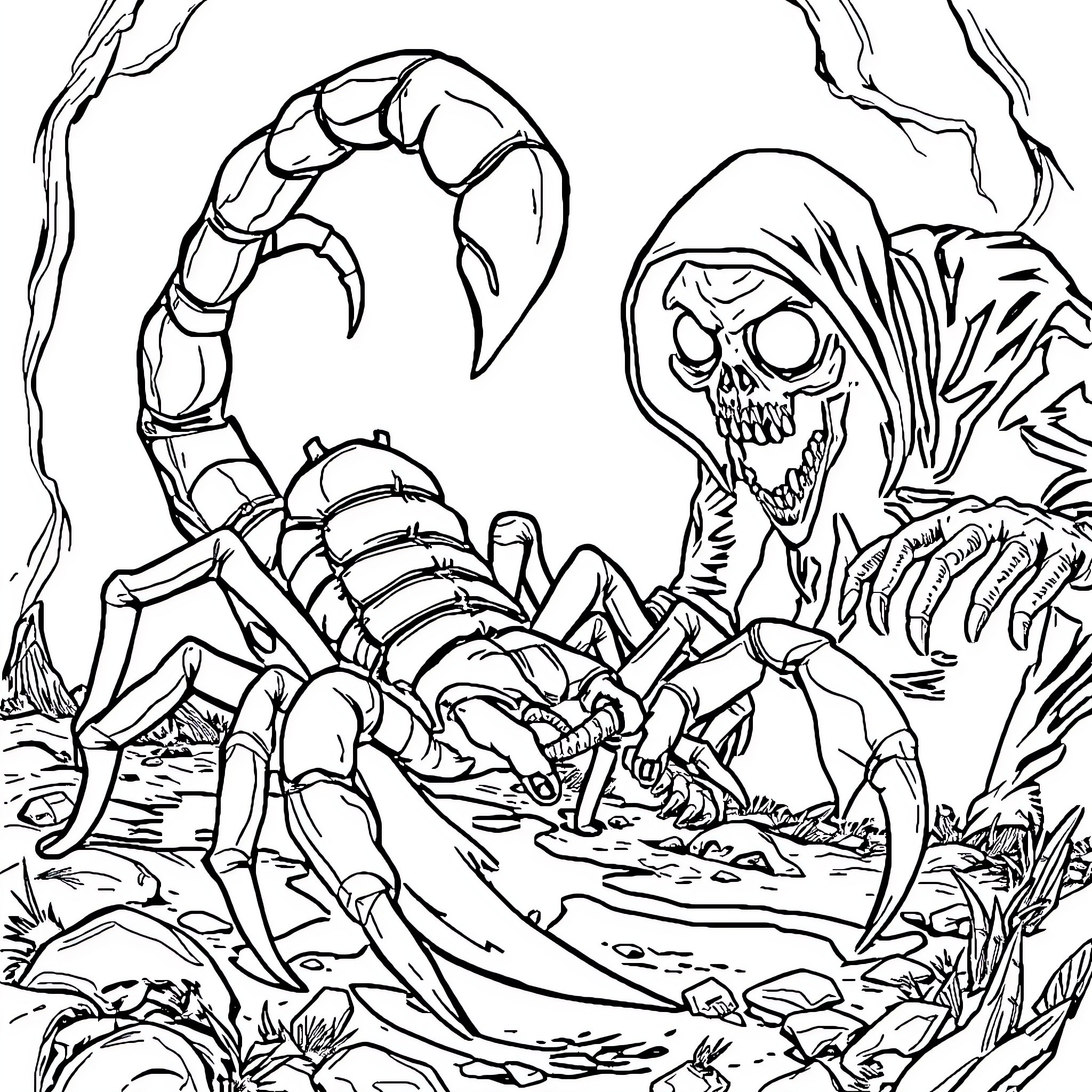 Scorpion Skeleton Crawling Among Eerie Foliage Coloring Page (free black-and-white line drawing printable PDF for all, from beginners to advanced learners, including children, teens, adults, and seniors)