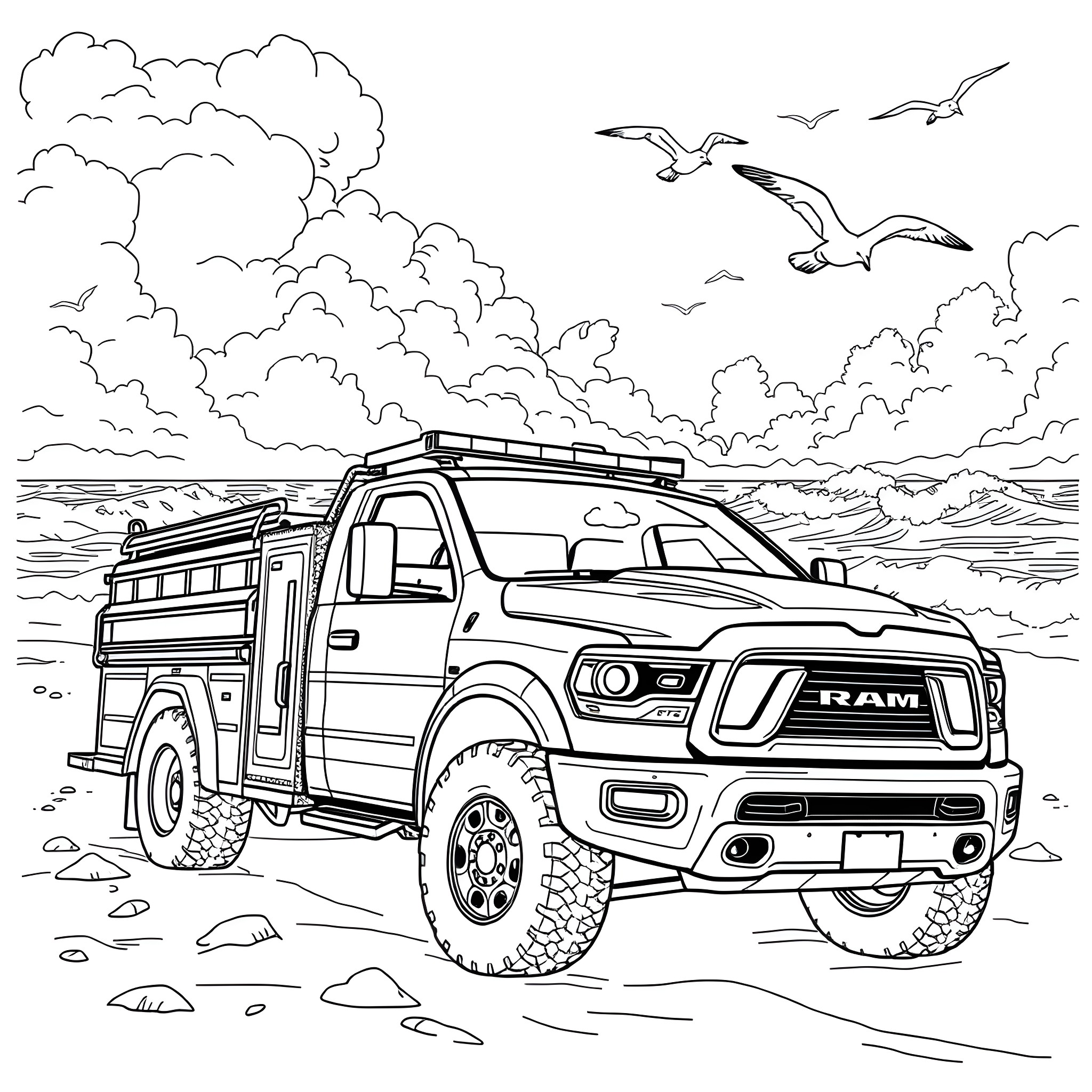 Firetruck on a rugged outdoor adventure Coloring Page (free black-and-white line drawing printable PDF for all, from beginners to advanced learners, including children, teens, adults, and seniors)