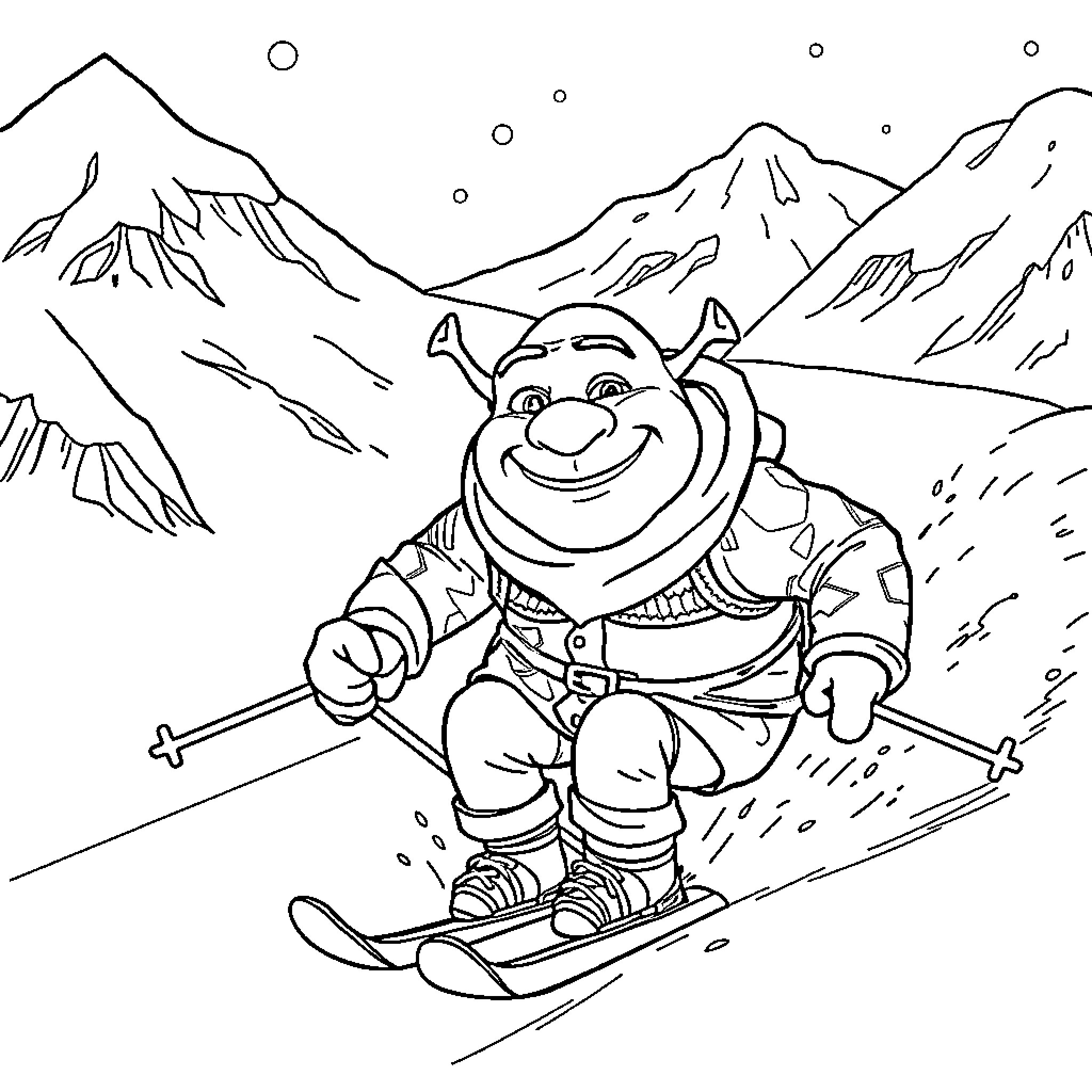 Shrek enjoying a snowy mountain ski adventure Coloring Page (free black-and-white line drawing printable PDF for all, from beginners to advanced learners, including children, teens, adults, and seniors)