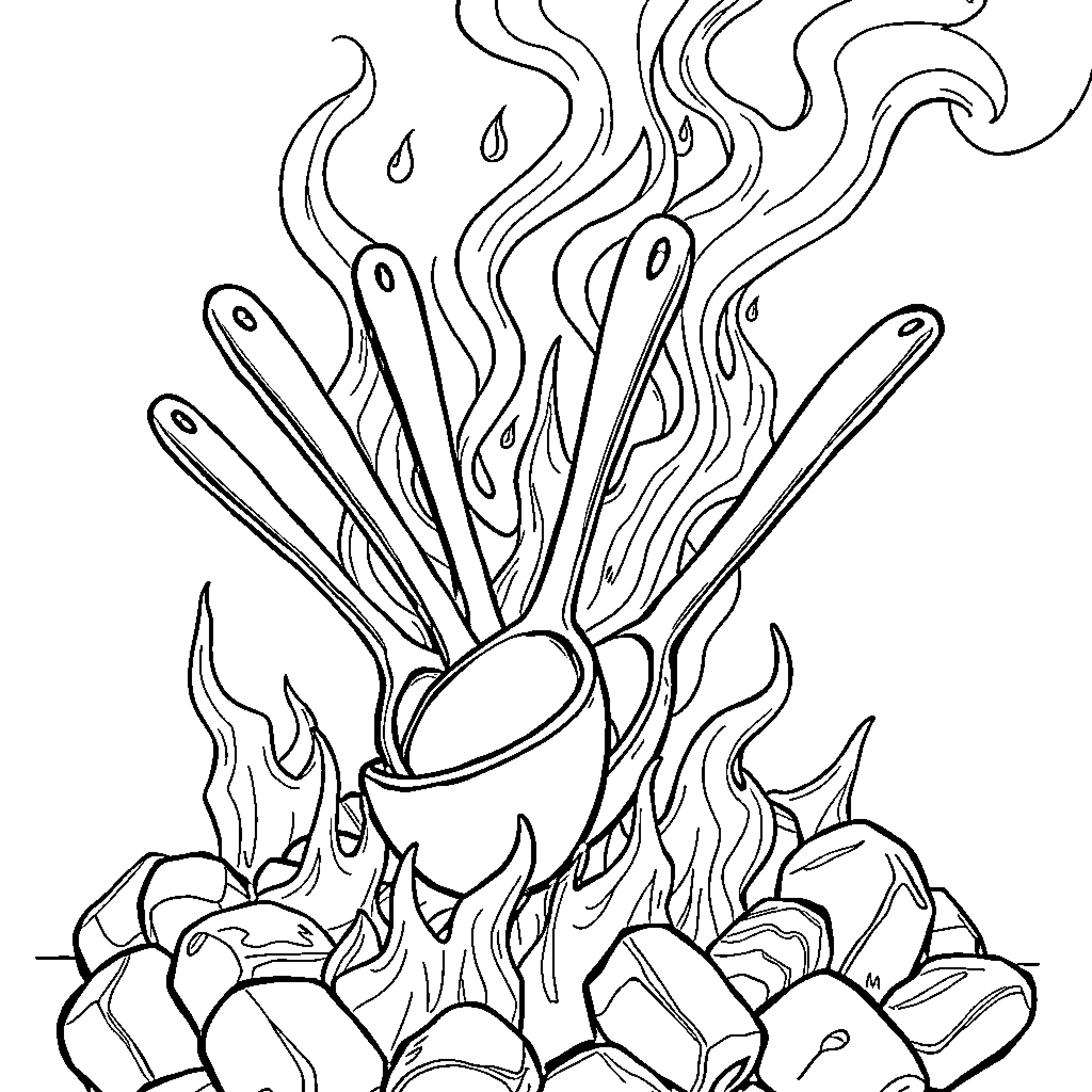 Spoon casting spells over flaming crystals Coloring Page (free black-and-white line drawing printable PDF for all, from beginners to advanced learners, including children, teens, adults, and seniors)