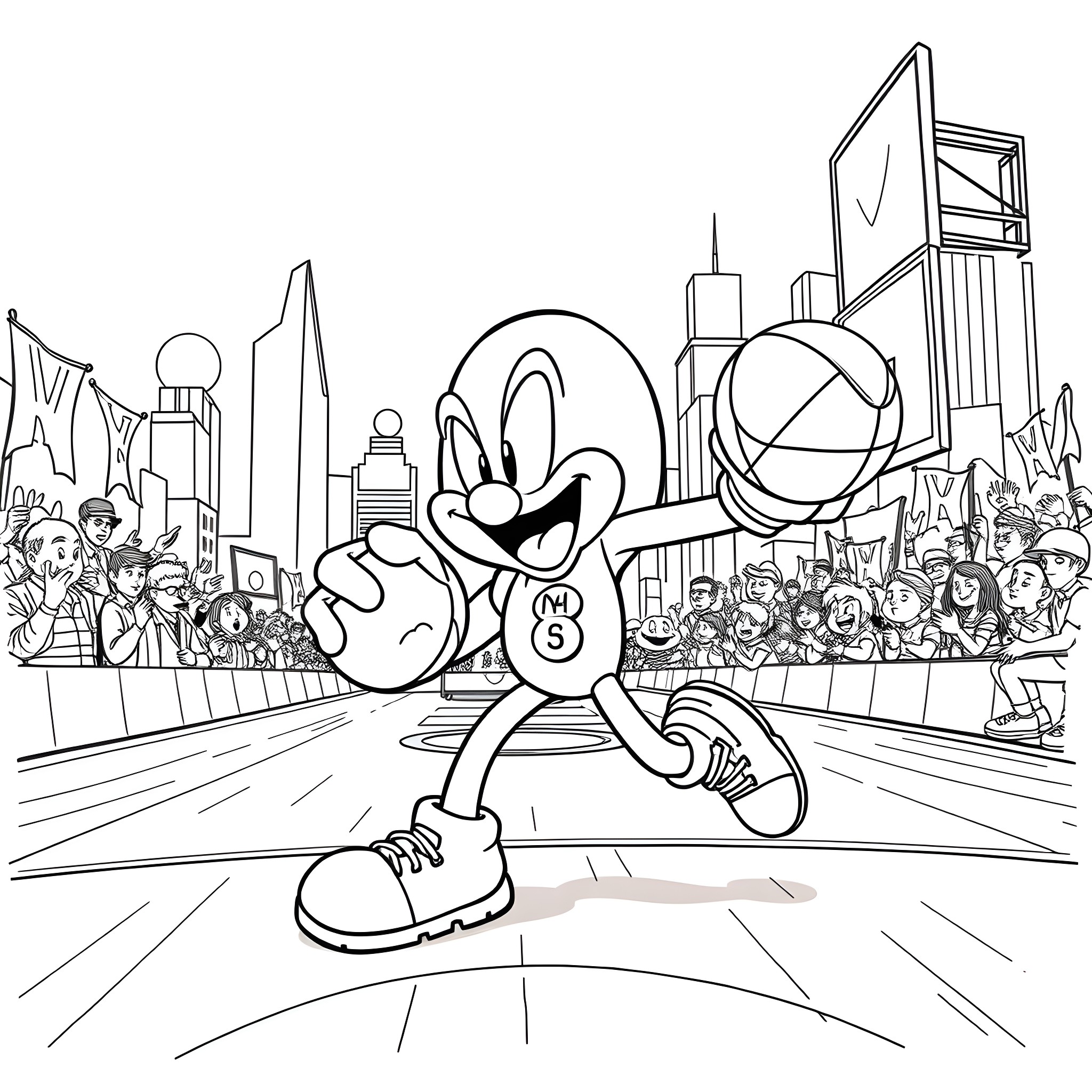 Dr. Eggman's Amusing Antics in a Cartoon City Coloring Page (free black-and-white line drawing printable PDF for all, from beginners to advanced learners, including children, teens, adults, and seniors)