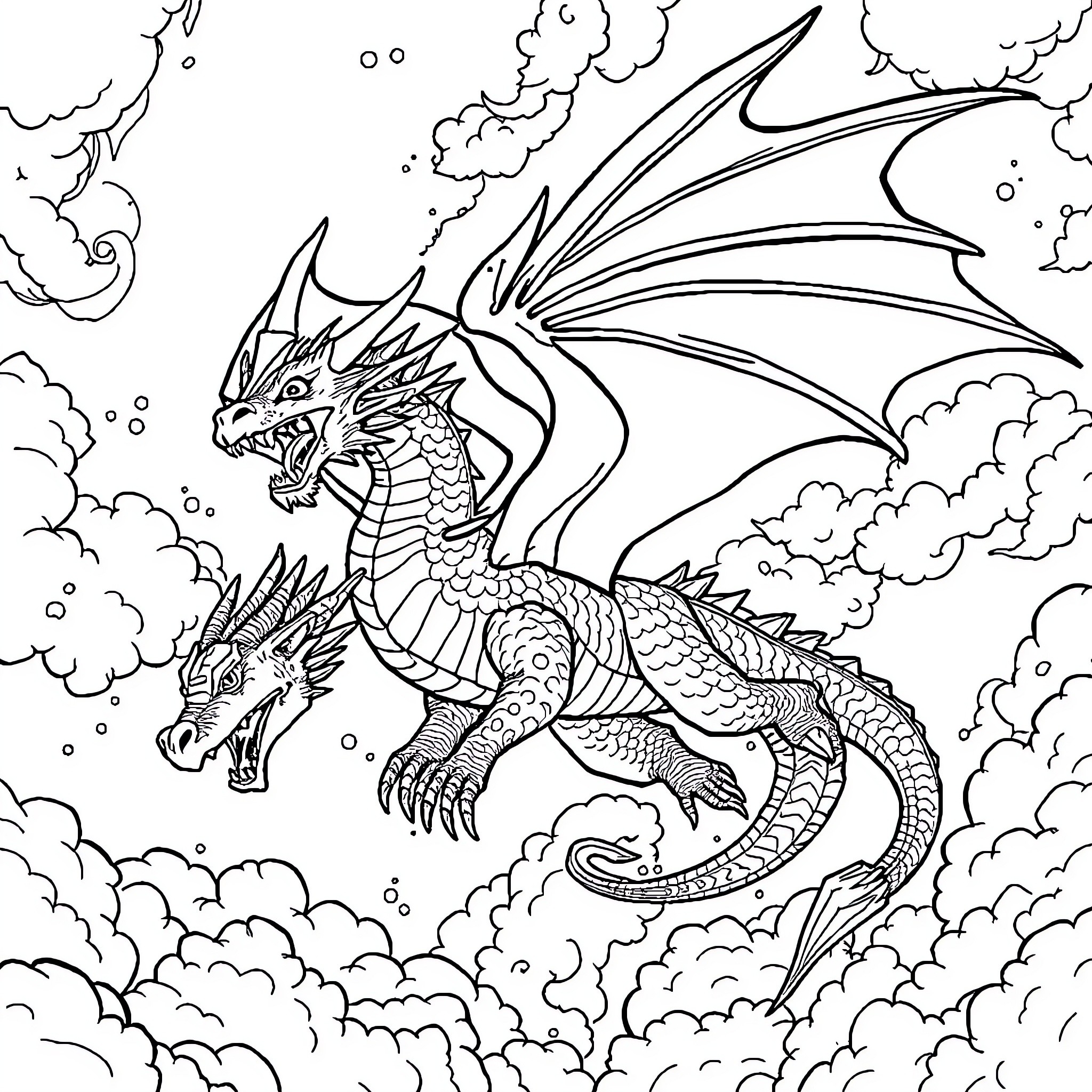 Dragon soaring through cloudy skies Coloring Page (free black-and-white line drawing printable PDF for all, from beginners to advanced learners, including children, teens, adults, and seniors)