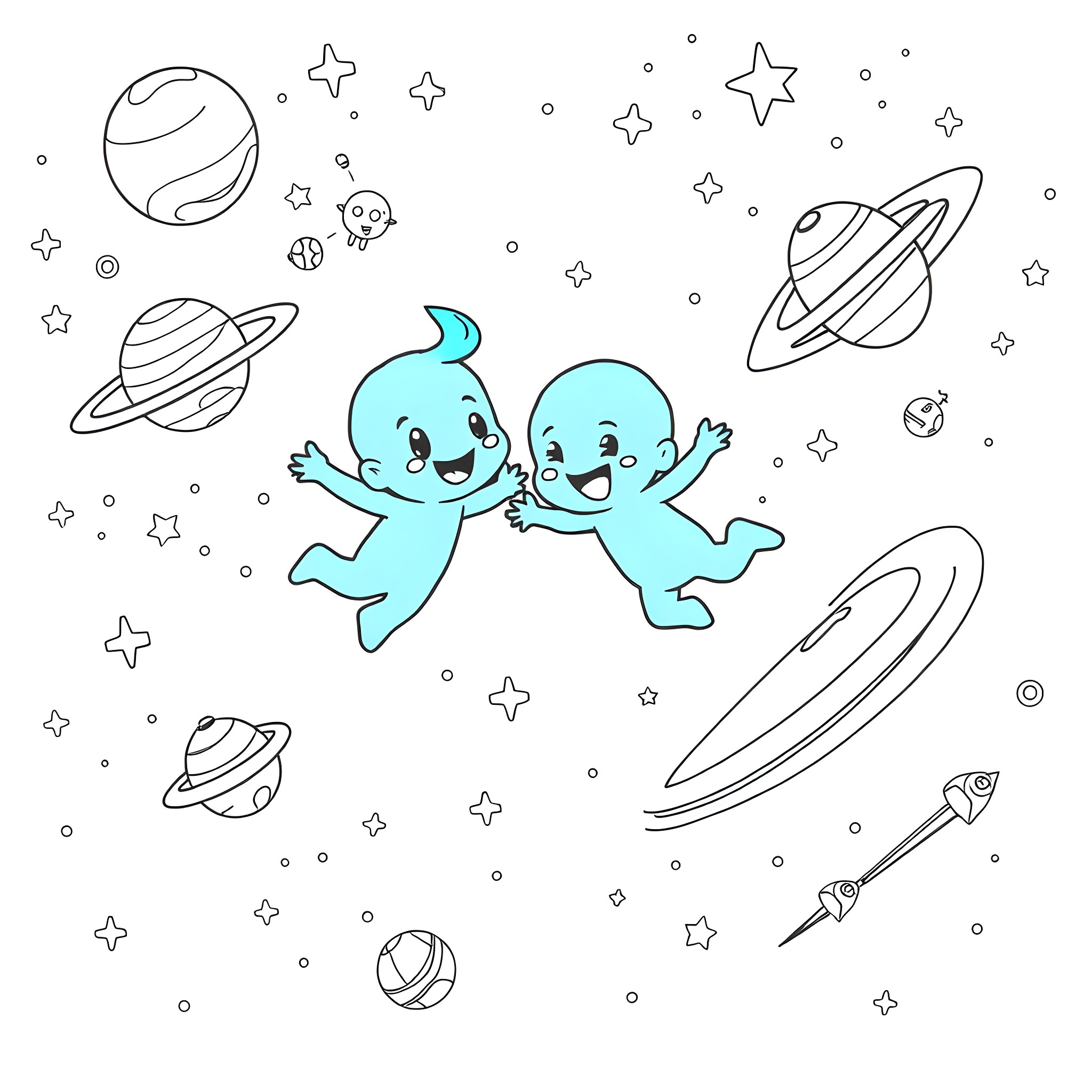 Bluey playing in the cosmic adventure Coloring Page (free black-and-white line drawing printable PDF for all, from beginners to advanced learners, including children, teens, adults, and seniors)