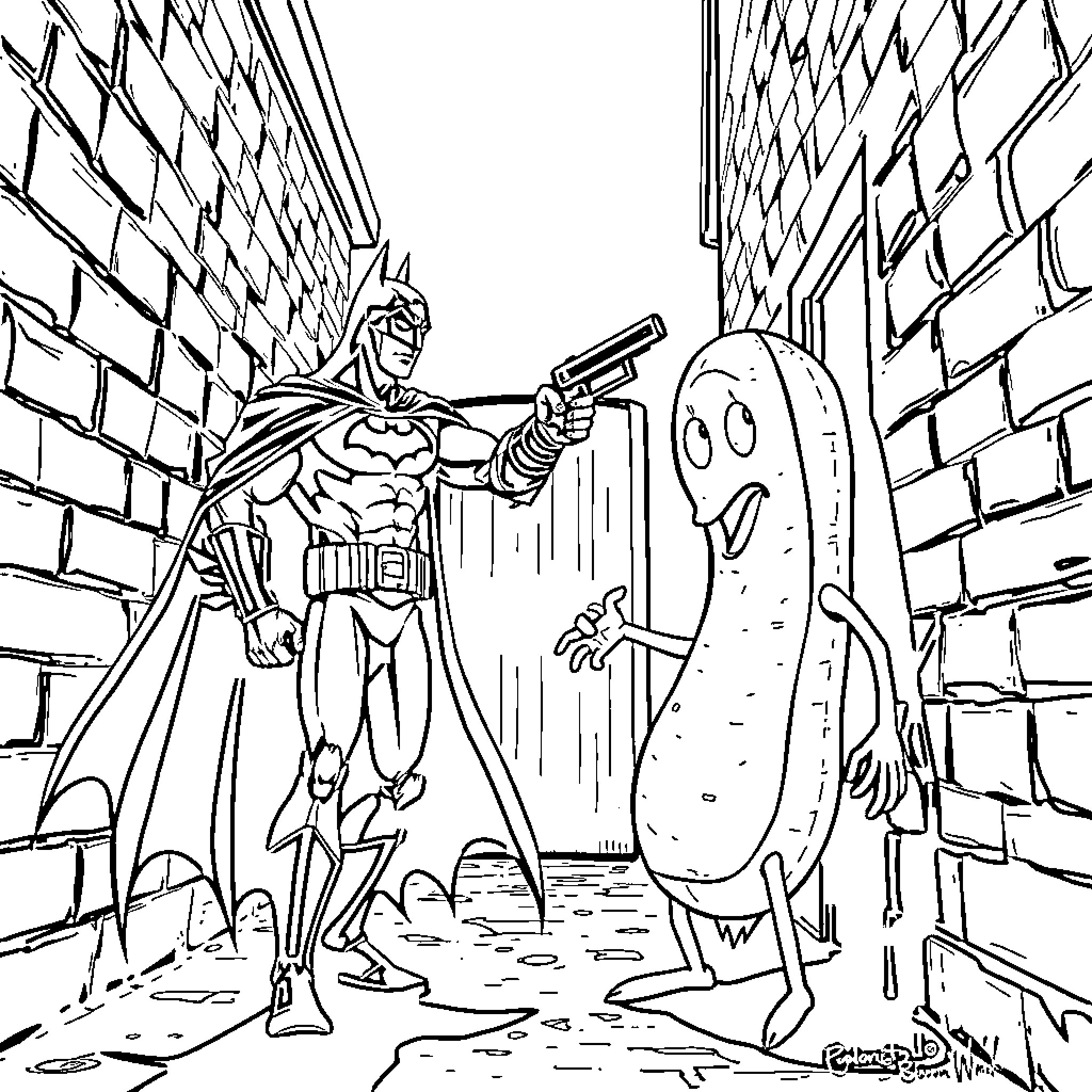 Batman confronting a peculiar foe in a dark alley Coloring Page (free black-and-white line drawing printable PDF for all, from beginners to advanced learners, including children, teens, adults, and seniors)