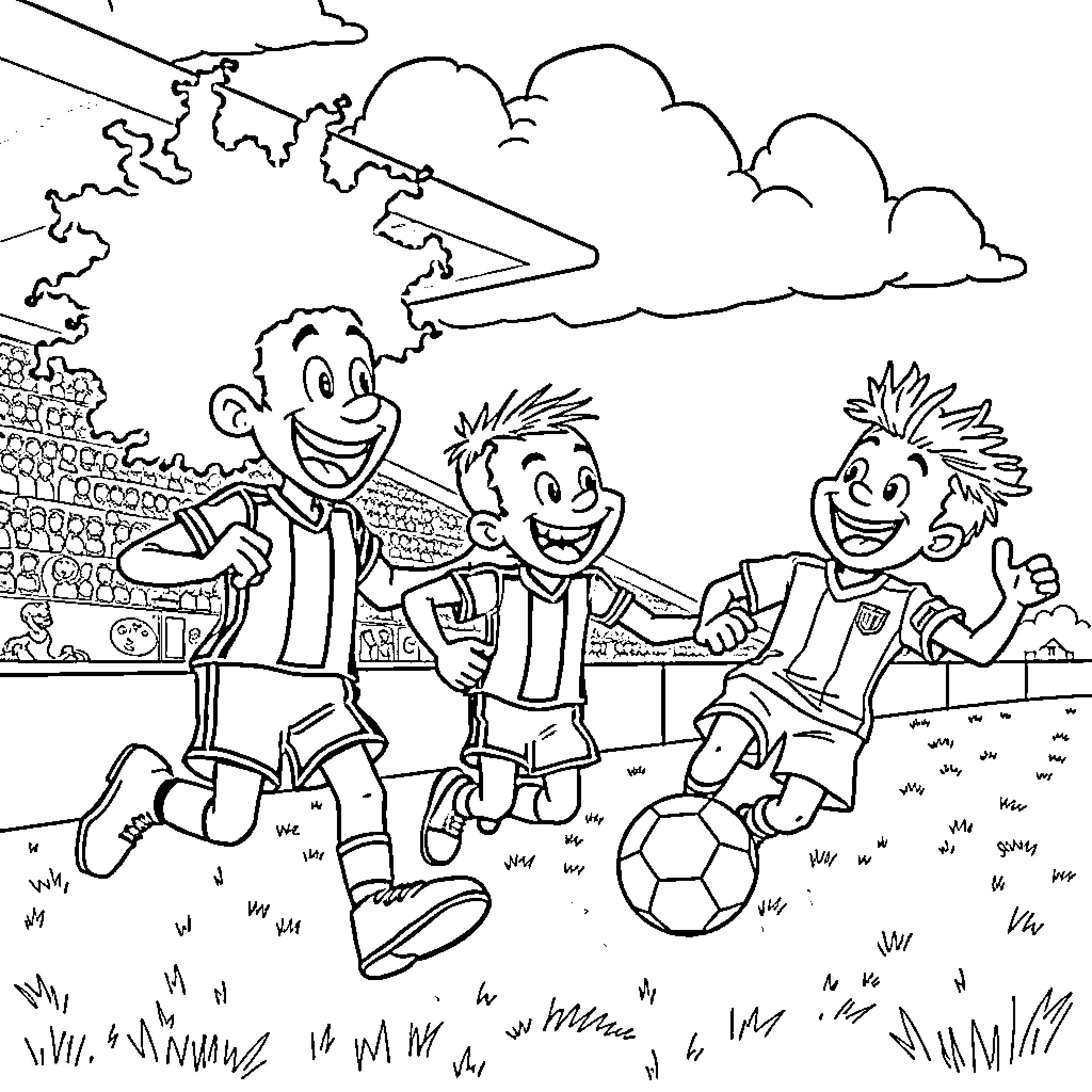 Brainrot: Carefree kids playing soccer on a sunny day Coloring Page (free black-and-white line drawing printable PDF for all, from beginners to advanced learners, including children, teens, adults, and seniors)