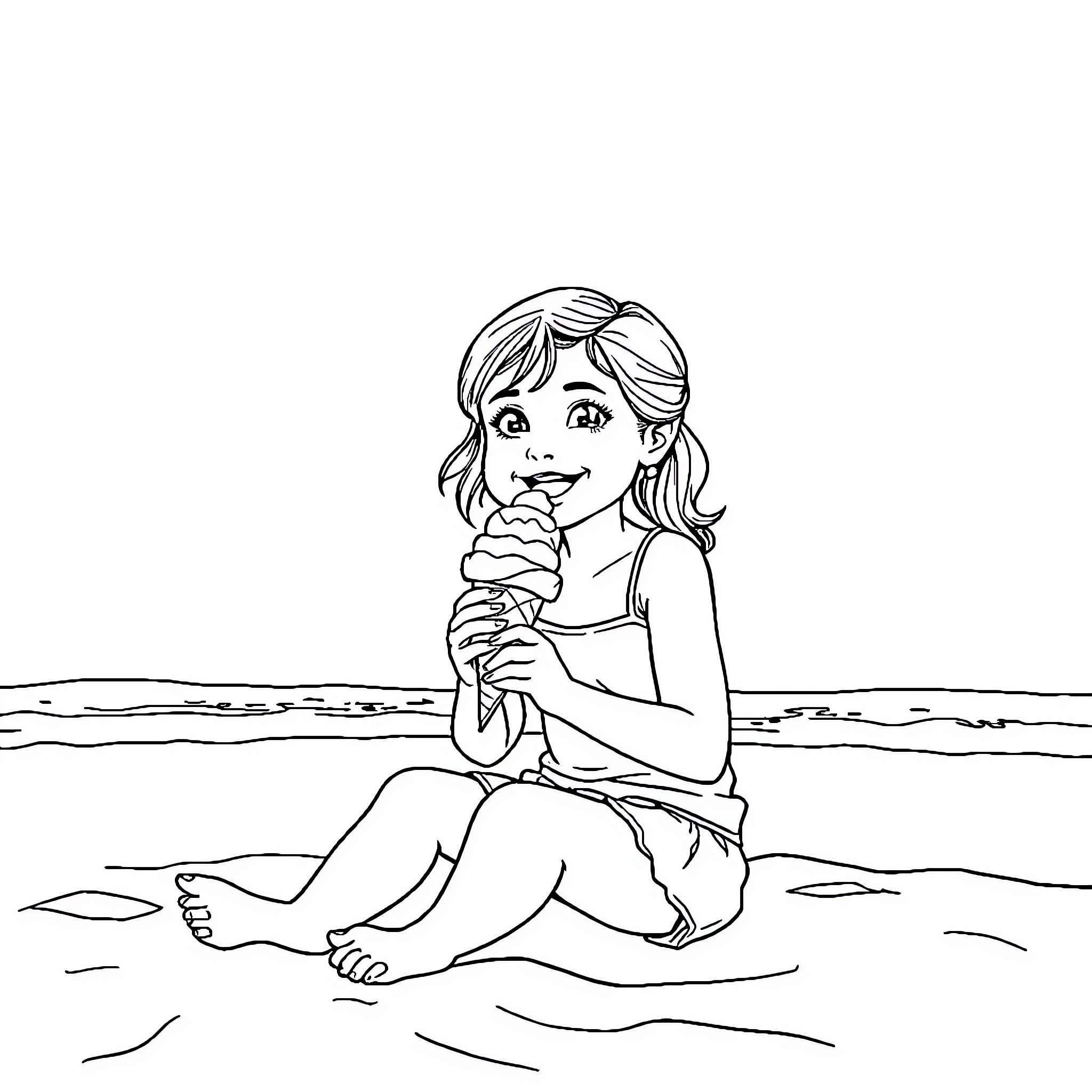 Girl enjoying an ice cream on the beach Coloring Page (free black-and-white line drawing printable PDF for all, from beginners to advanced learners, including children, teens, adults, and seniors)