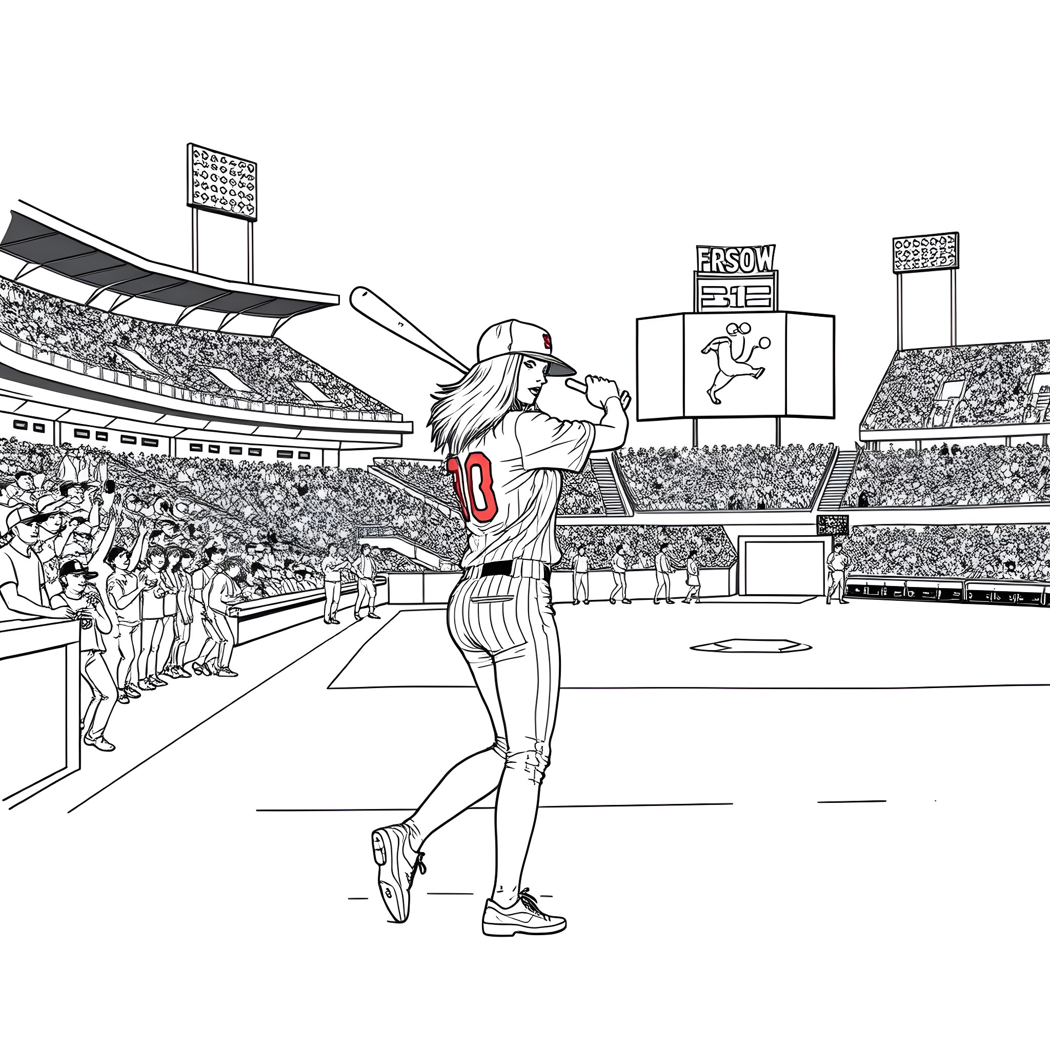 Taylor Swift at the Baseball Stadium Coloring Page (free black-and-white line drawing printable PDF for all, from beginners to advanced learners, including children, teens, adults, and seniors)