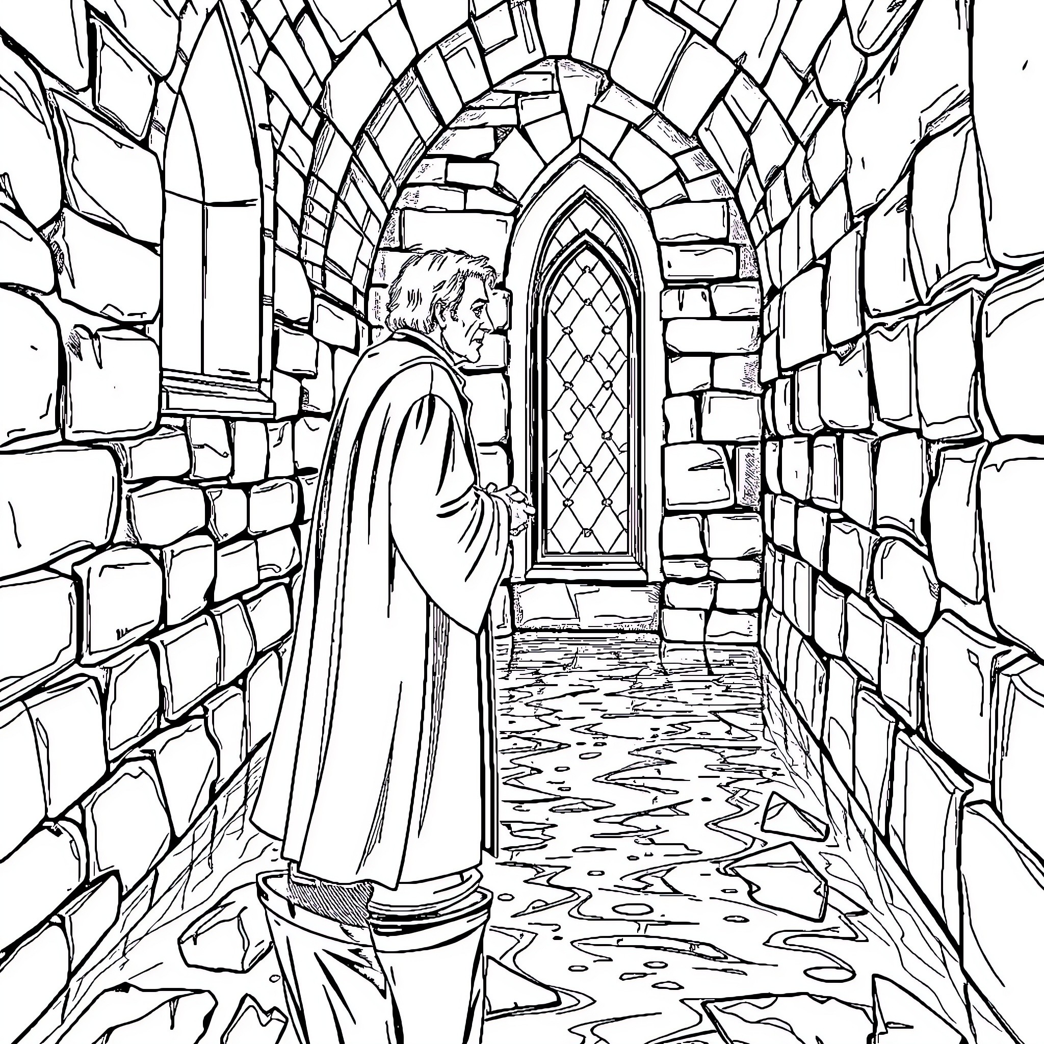 Albus Dumbledore in contemplative pose within a stone castle hallway Coloring Page (free black-and-white line drawing printable PDF for all, from beginners to advanced learners, including children, teens, adults, and seniors)