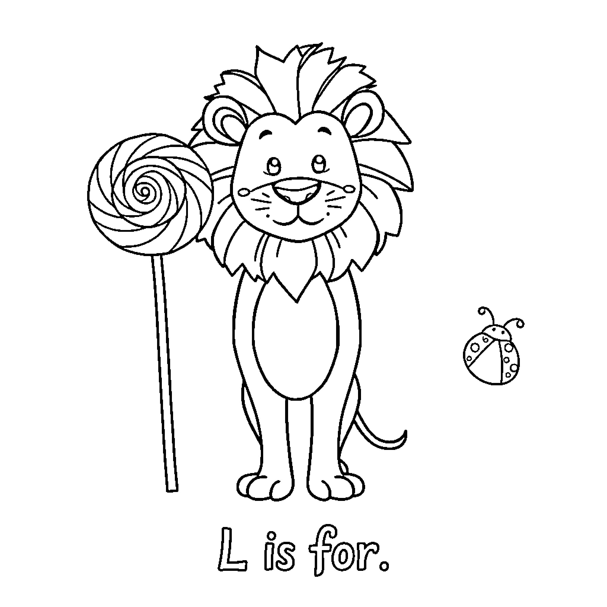Lion holding a lollipop with a ladybug Coloring Page (free black-and-white line drawing printable PDF for all, from beginners to advanced learners, including children, teens, adults, and seniors)