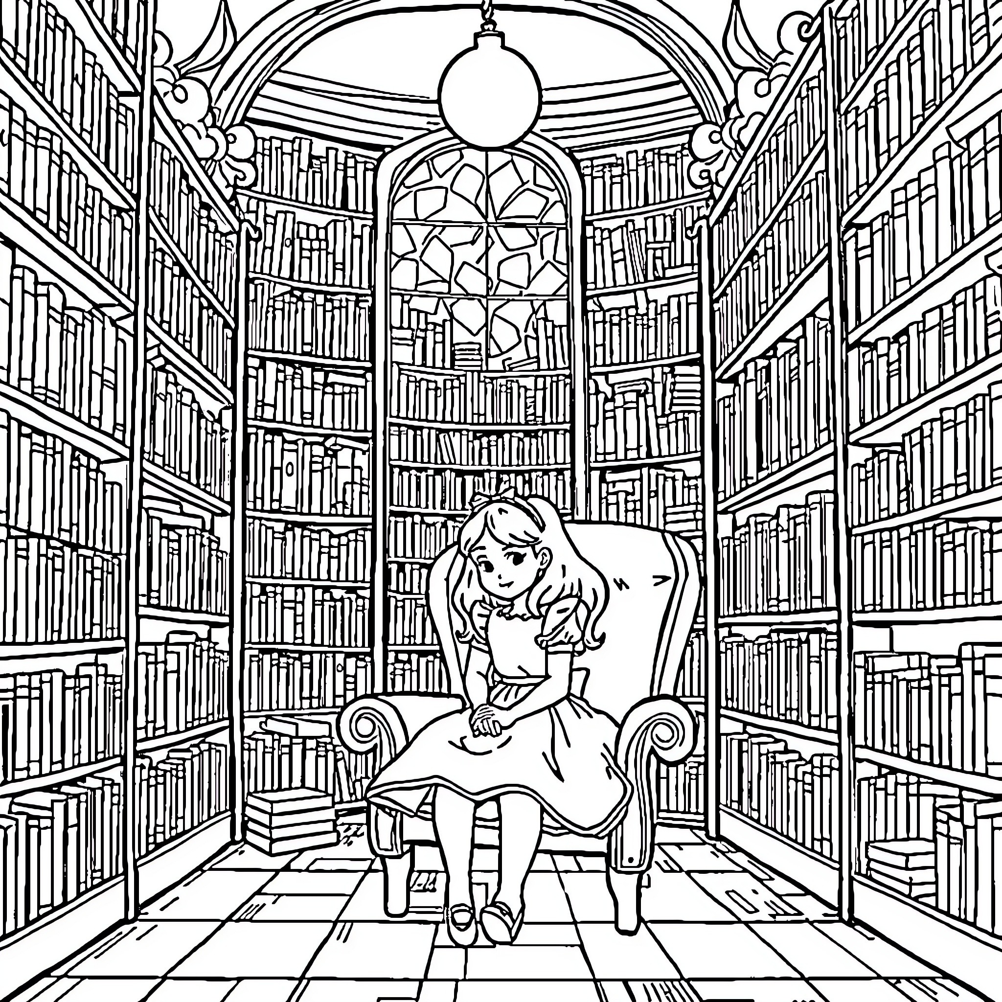 Alice's Adventure in the Enchanted Library Coloring Page (free black-and-white line drawing printable PDF for all, from beginners to advanced learners, including children, teens, adults, and seniors)
