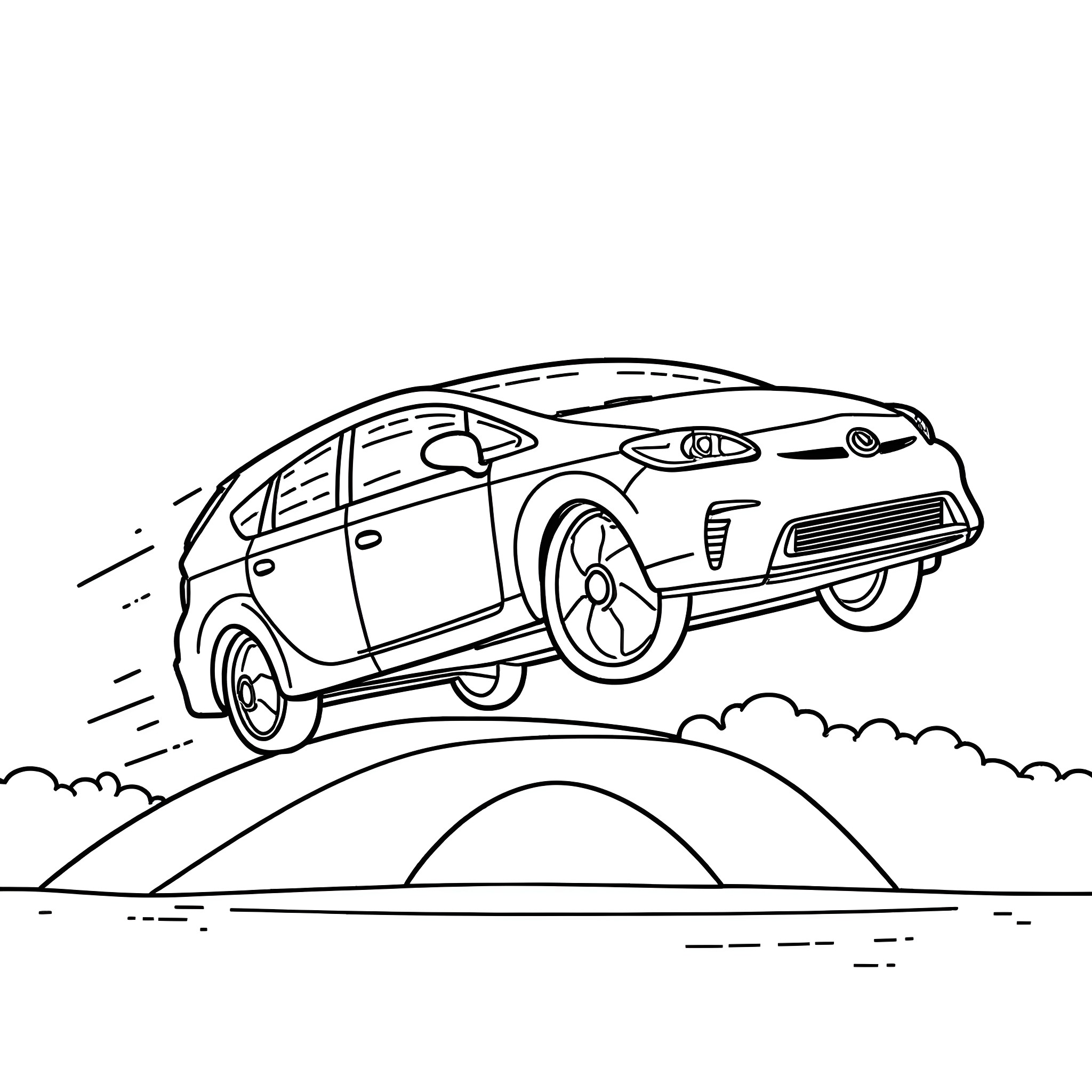 Prius vehicle speeding over hill Coloring Page (free black-and-white line drawing printable PDF for all, from beginners to advanced learners, including children, teens, adults, and seniors)