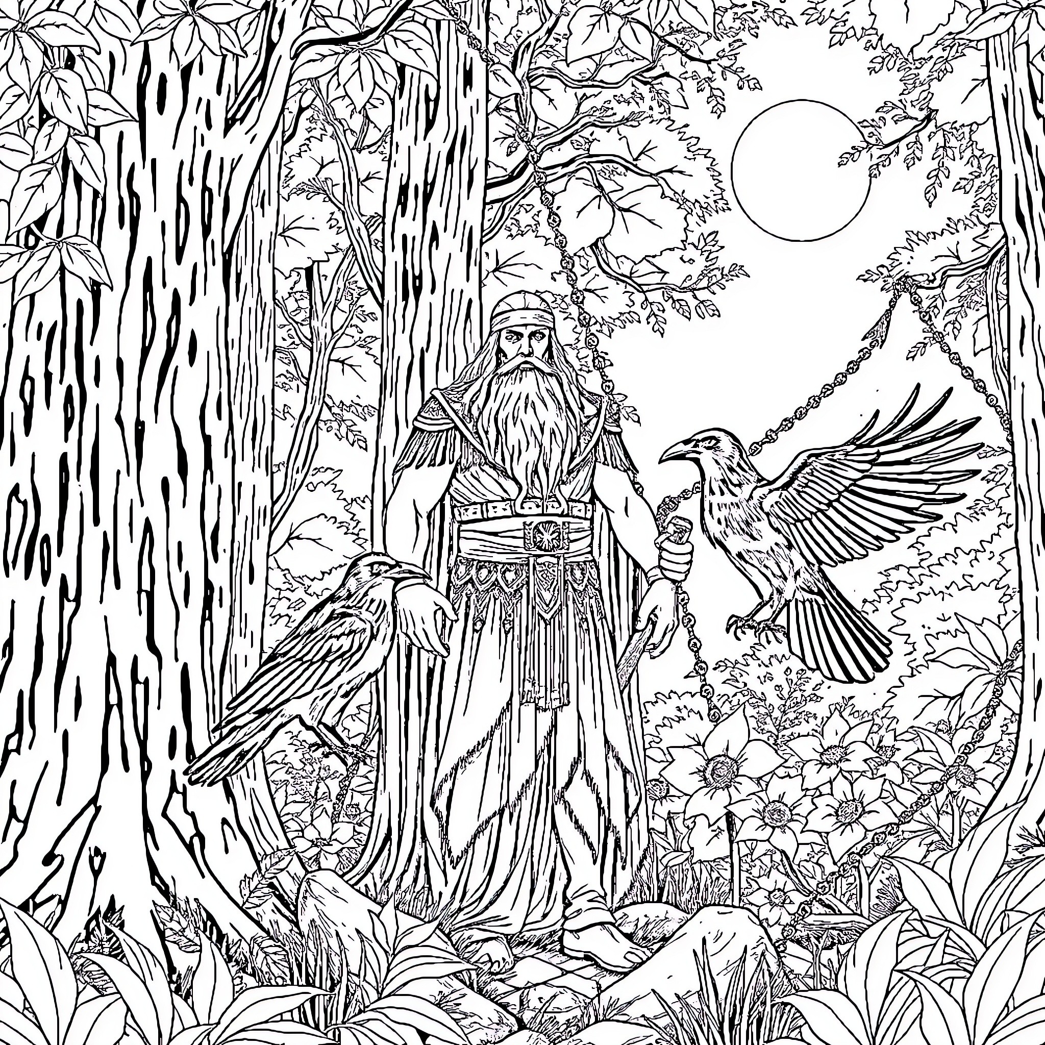 Woden's Woodland Wonders Coloring Page (free black-and-white line drawing printable PDF for all, from beginners to advanced learners, including children, teens, adults, and seniors)
