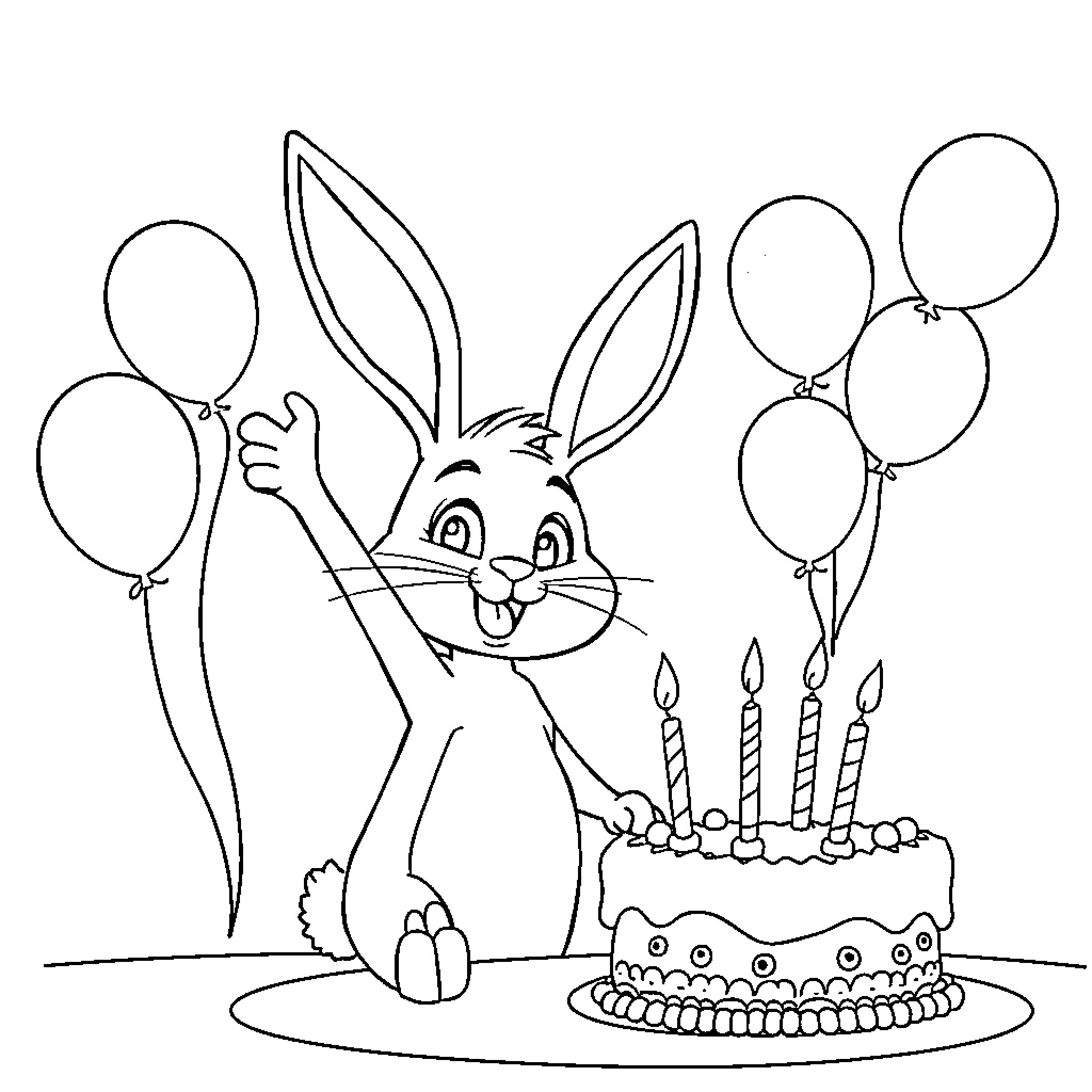 Bunny celebrating birthday with cake and balloons Coloring Page (free black-and-white line drawing printable PDF for all, from beginners to advanced learners, including children, teens, adults, and seniors)