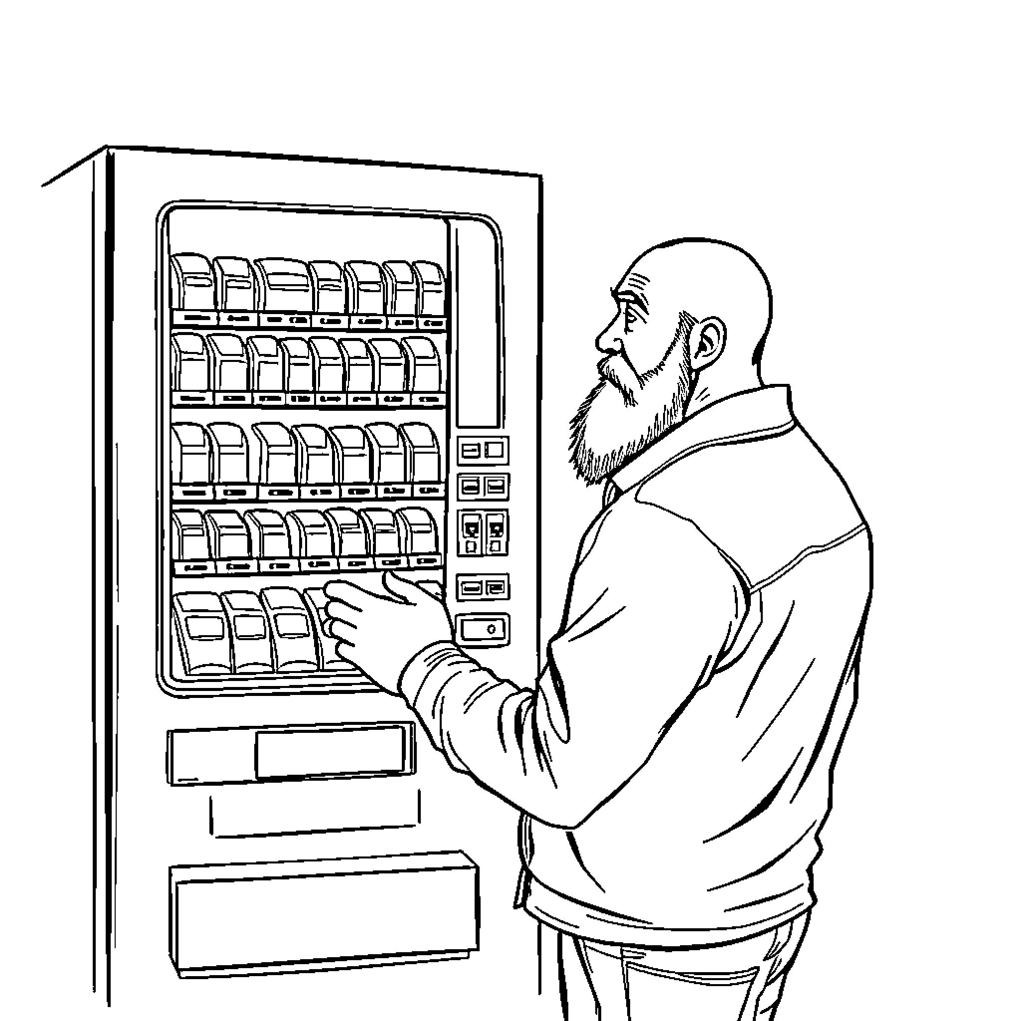 Man operating vending machine in public space Coloring Page (free black-and-white line drawing printable PDF for all, from beginners to advanced learners, including children, teens, adults, and seniors)