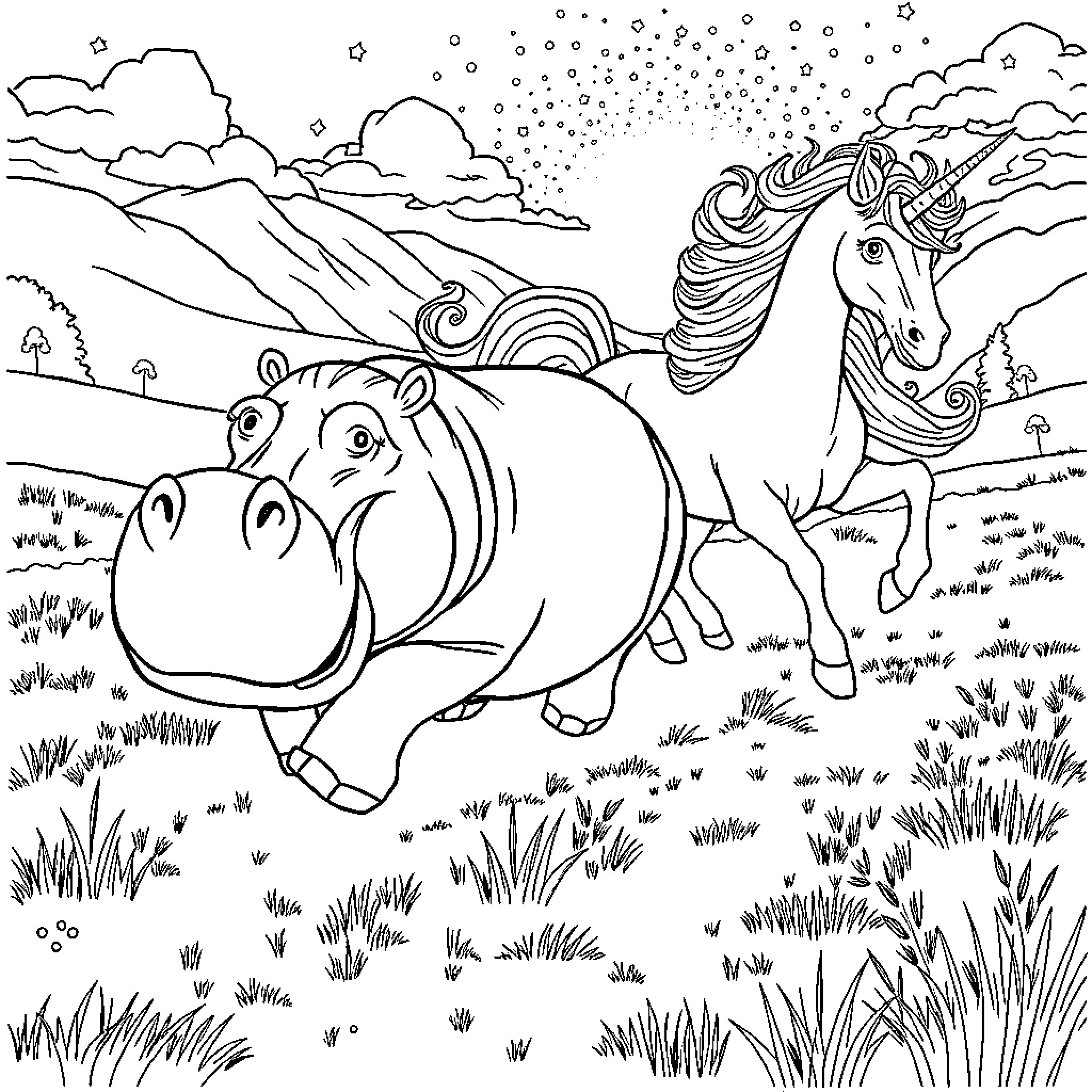 Hippo and Unicorn Playing in the Enchanted Meadow Coloring Page (free black-and-white line drawing printable PDF for all, from beginners to advanced learners, including children, teens, adults, and seniors)