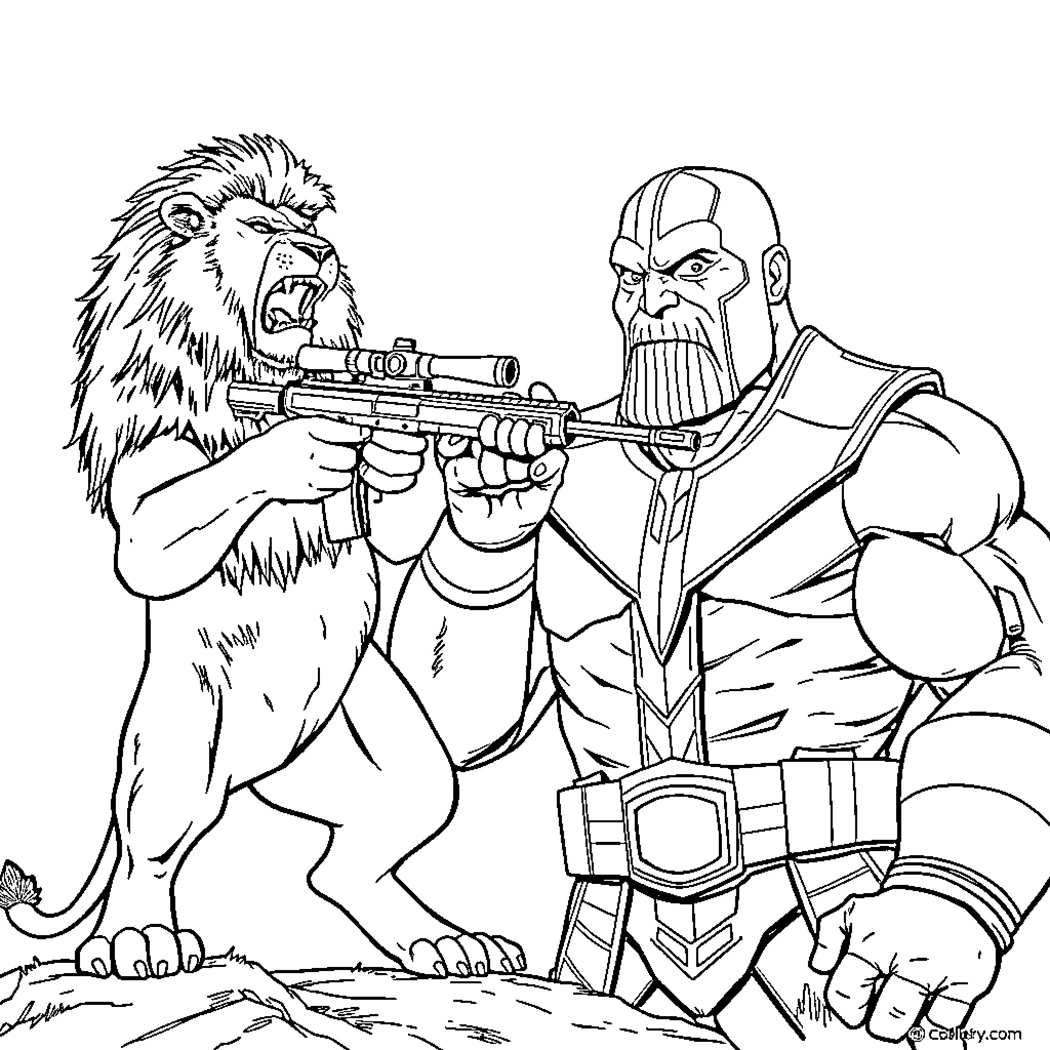 Lion wielding weapon and facing off against intimidating character Coloring Page (free black-and-white line drawing printable PDF for all, from beginners to advanced learners, including children, teens, adults, and seniors)
