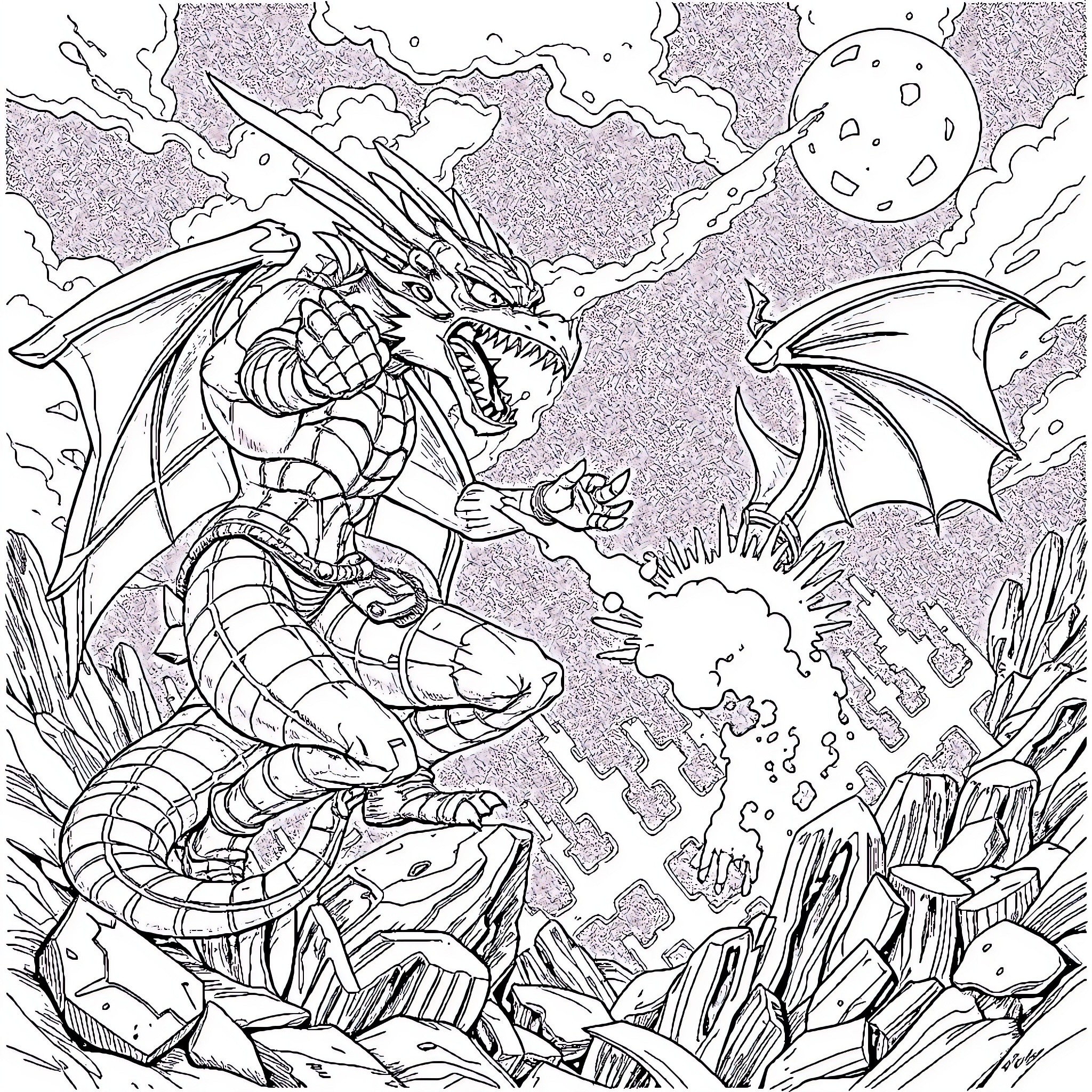 Cocodrilo dragon unleashing fiery breath in fantasy landscape Coloring Page (free black-and-white line drawing printable PDF for all, from beginners to advanced learners, including children, teens, adults, and seniors)