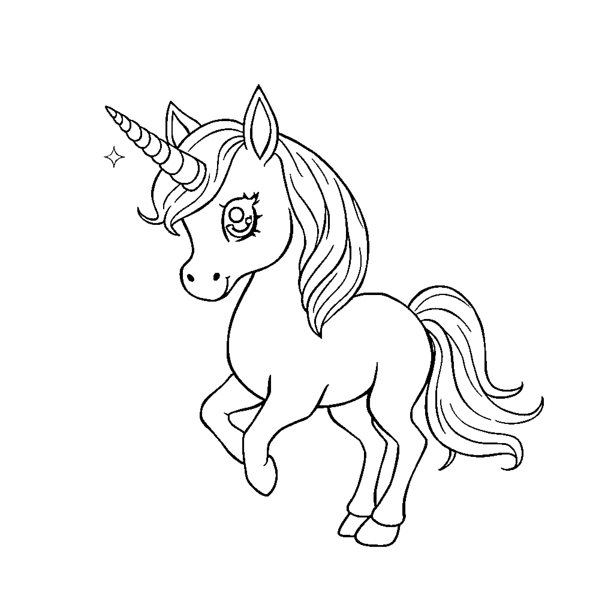 Unicorn with a happy expression Coloring Page (free black-and-white line drawing printable PDF for all, from beginners to advanced learners, including children, teens, adults, and seniors)