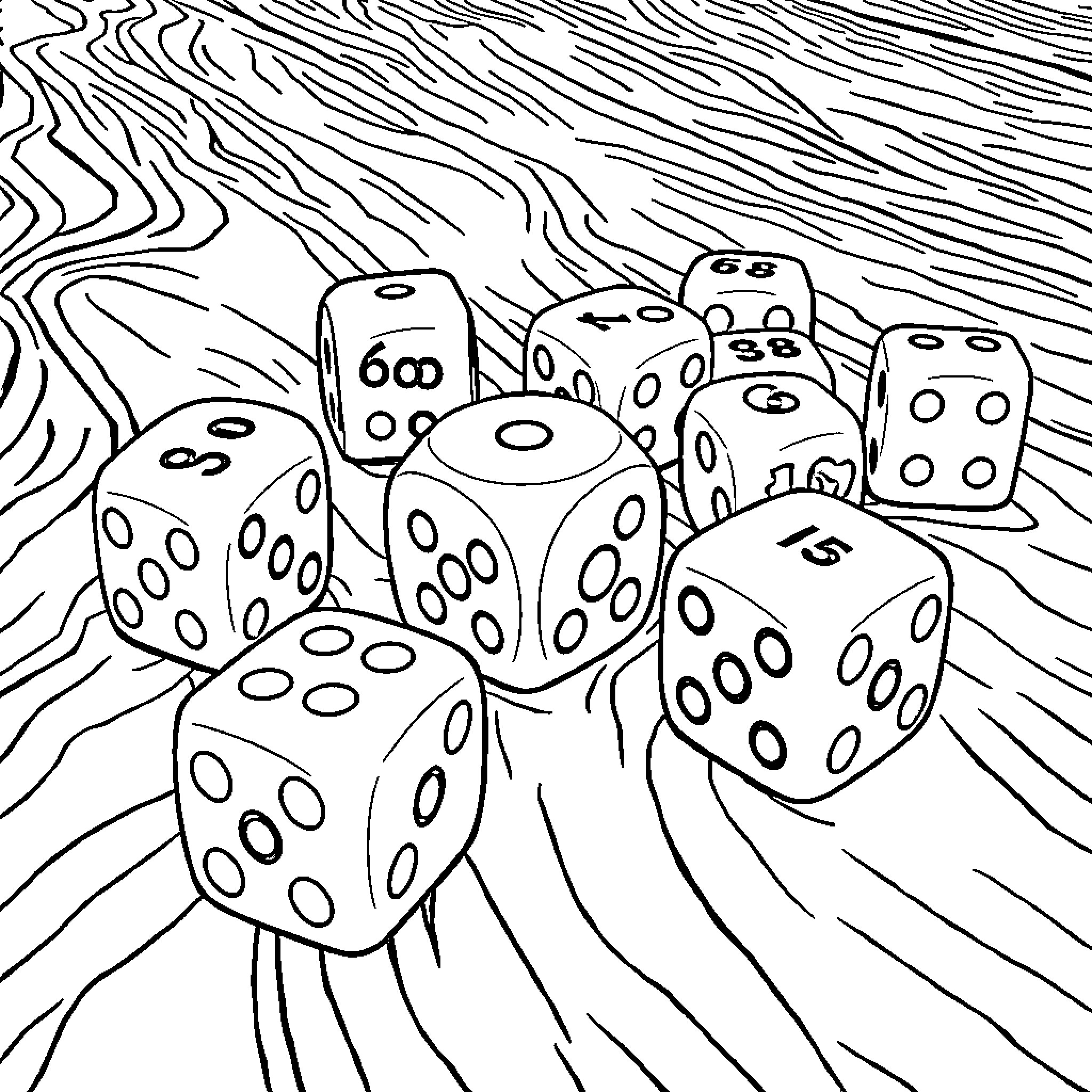 Dice tumbling across abstract patterned surface Coloring Page (free black-and-white line drawing printable PDF for all, from beginners to advanced learners, including children, teens, adults, and seniors)