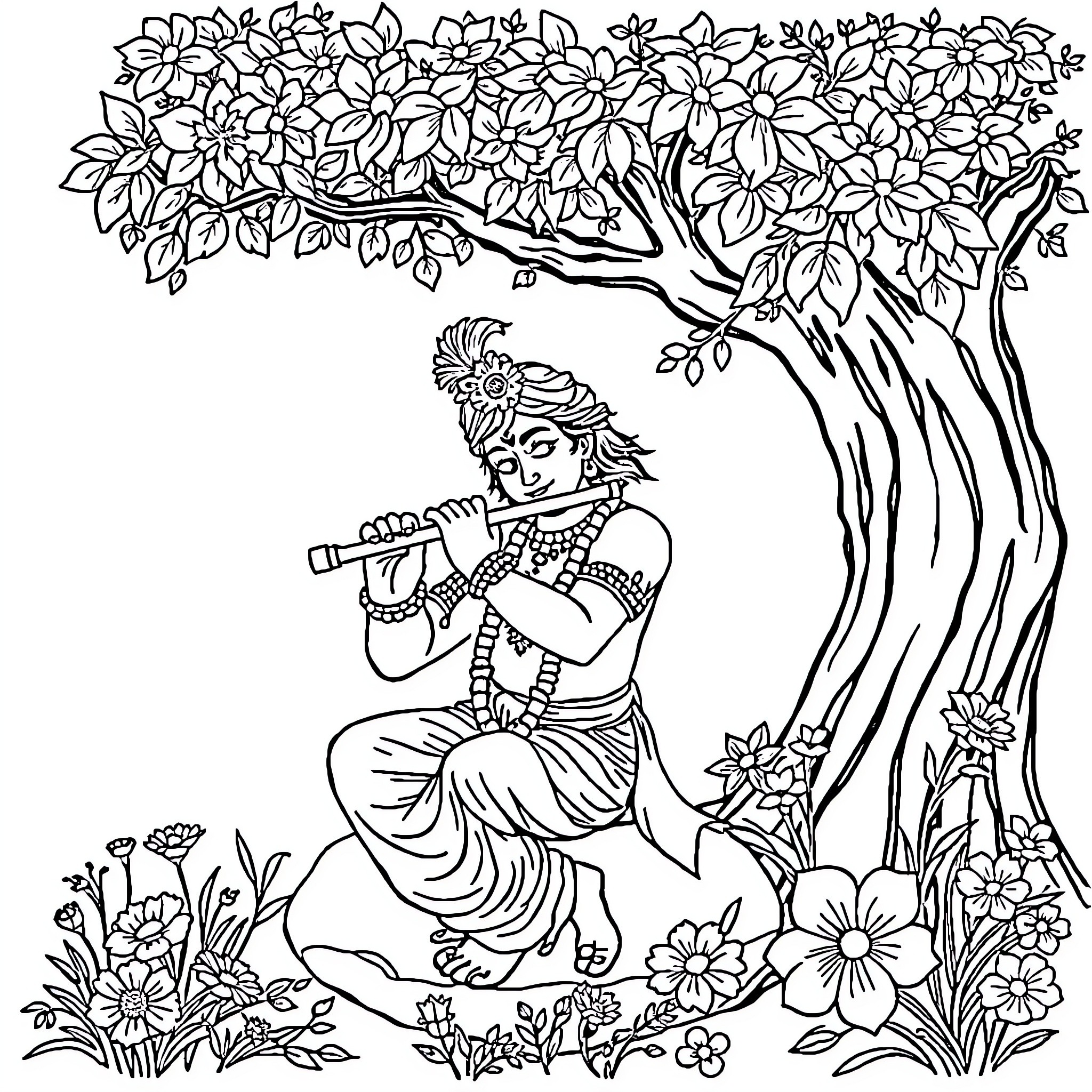 Krishna playing the flute under a blossoming tree Coloring Page (free black-and-white line drawing printable PDF for all, from beginners to advanced learners, including children, teens, adults, and seniors)