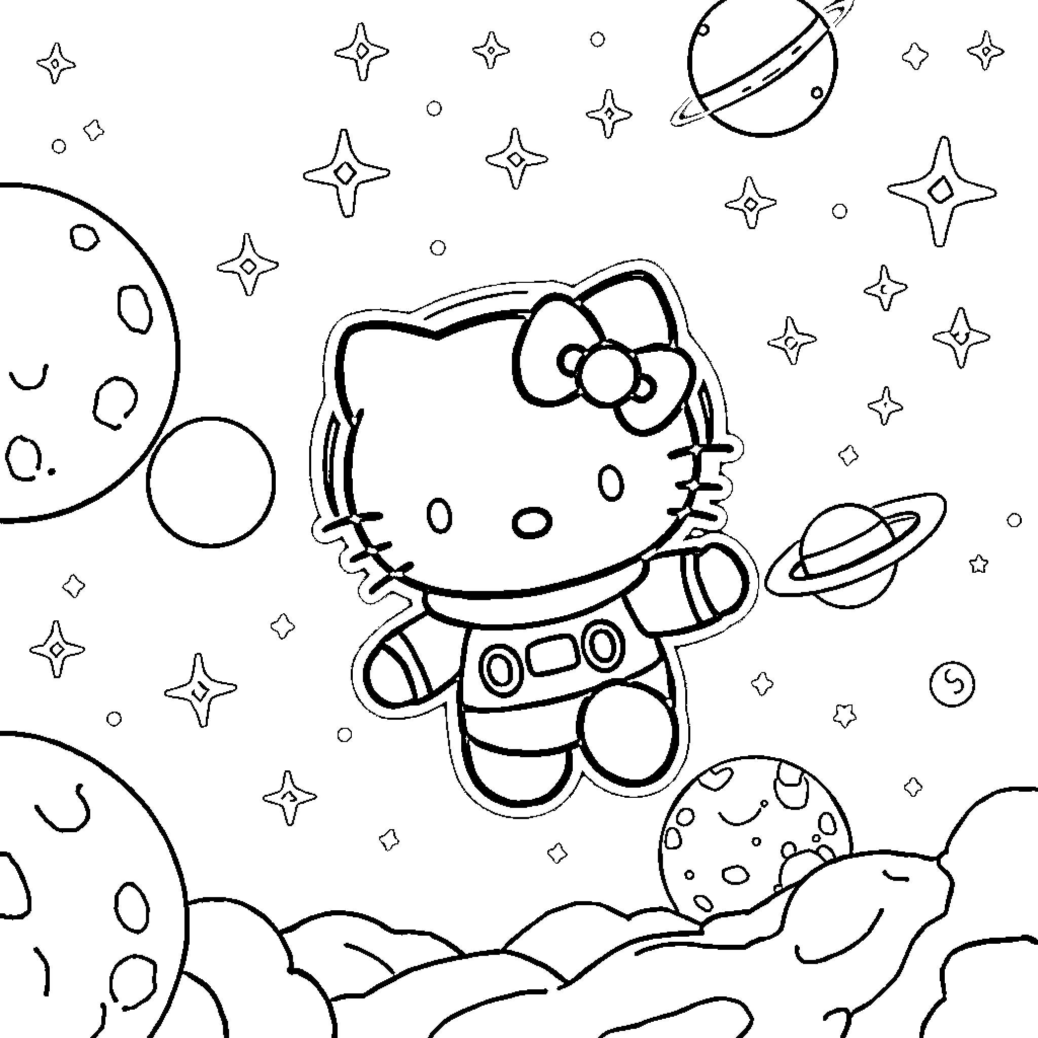 Hello Kitty in Outer Space Adventure Coloring Page (free black-and-white line drawing printable PDF for all, from beginners to advanced learners, including children, teens, adults, and seniors)