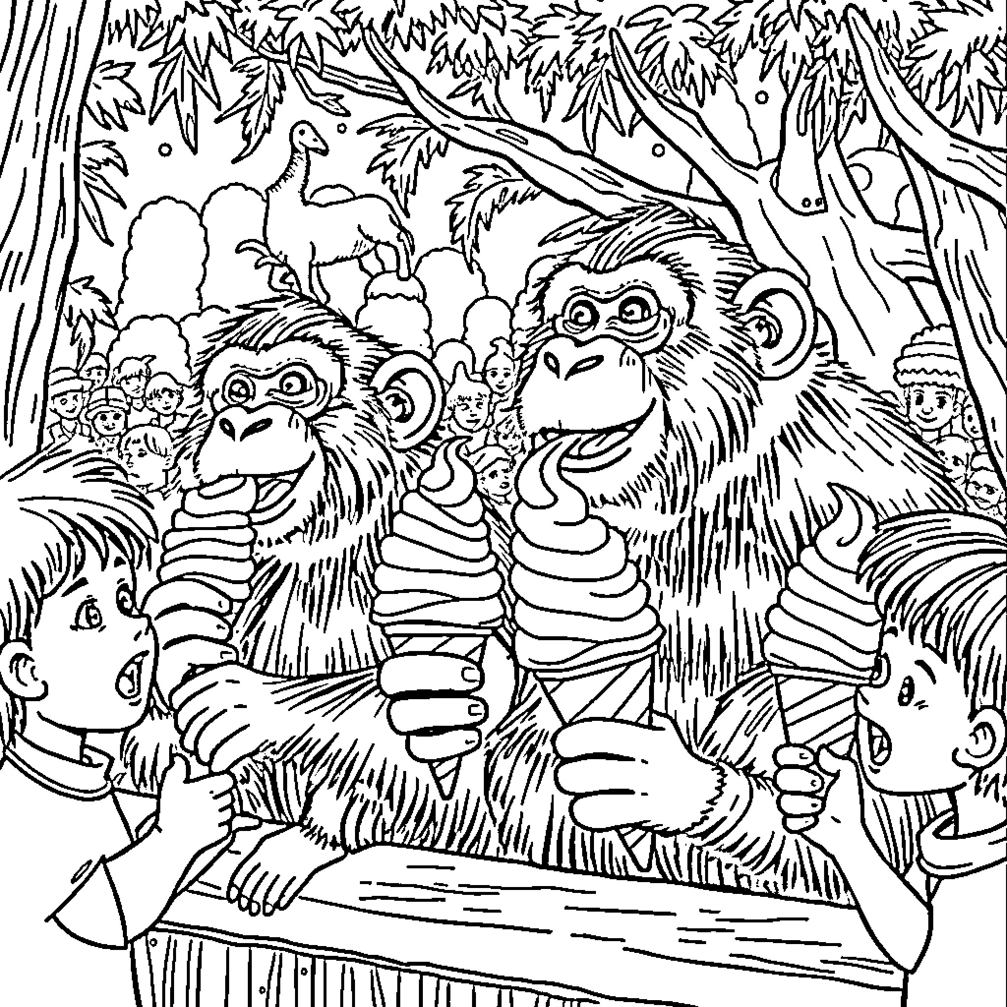 Monkeys playing mischievously in the jungle Coloring Page (free black-and-white line drawing printable PDF for all, from beginners to advanced learners, including children, teens, adults, and seniors)