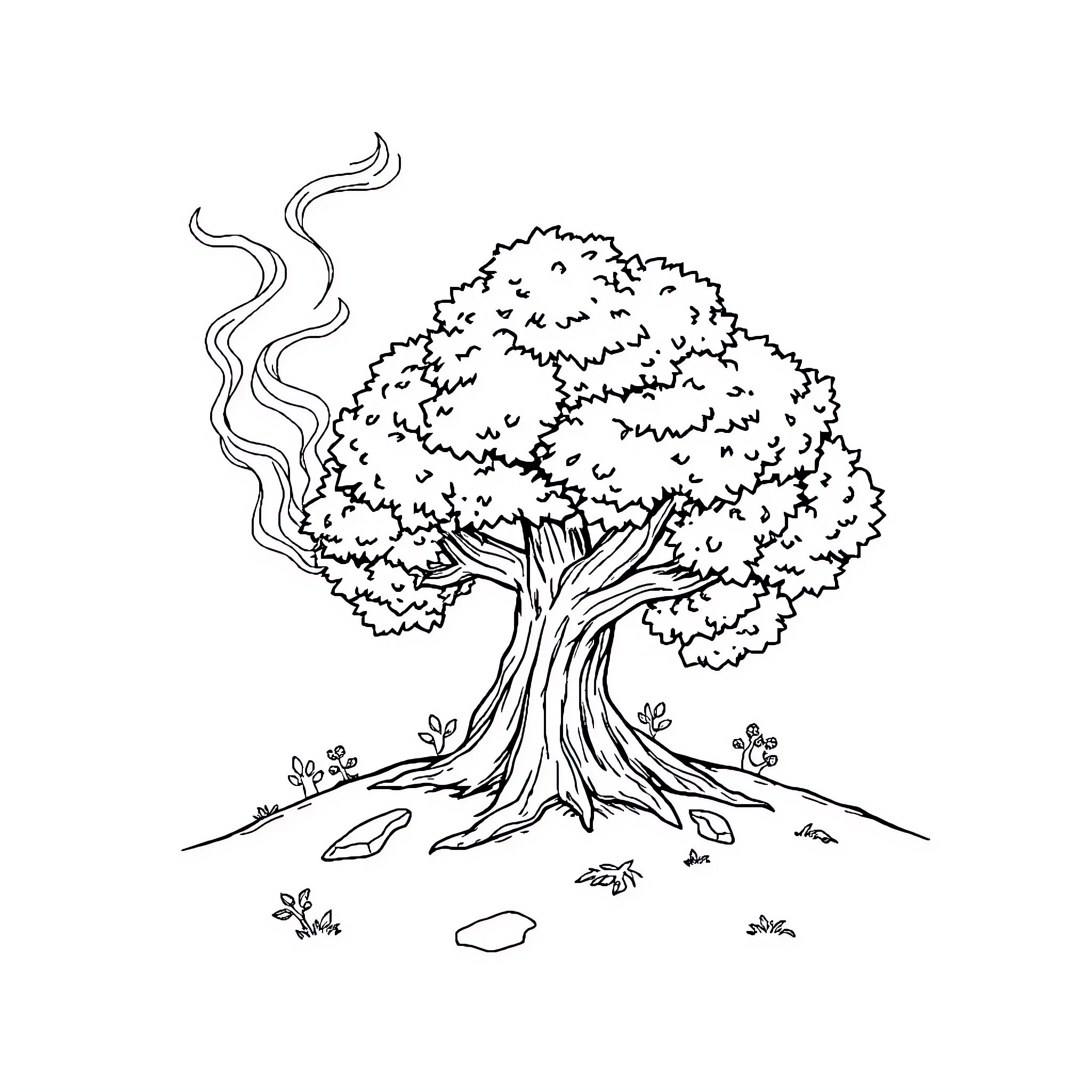 Mancraft - Whimsical tree in nature Coloring Page (free black-and-white line drawing printable PDF for all, from beginners to advanced learners, including children, teens, adults, and seniors)