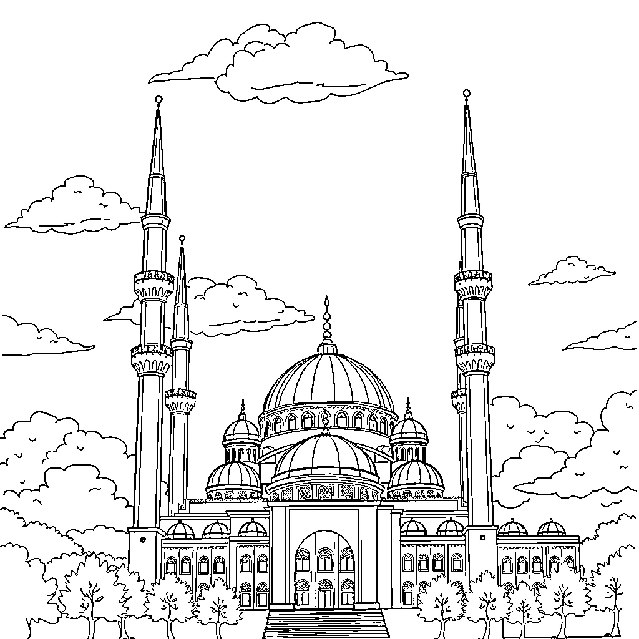 Mosque with ornate architecture and minarets Coloring Page (free black-and-white line drawing printable PDF for all, from beginners to advanced learners, including children, teens, adults, and seniors)