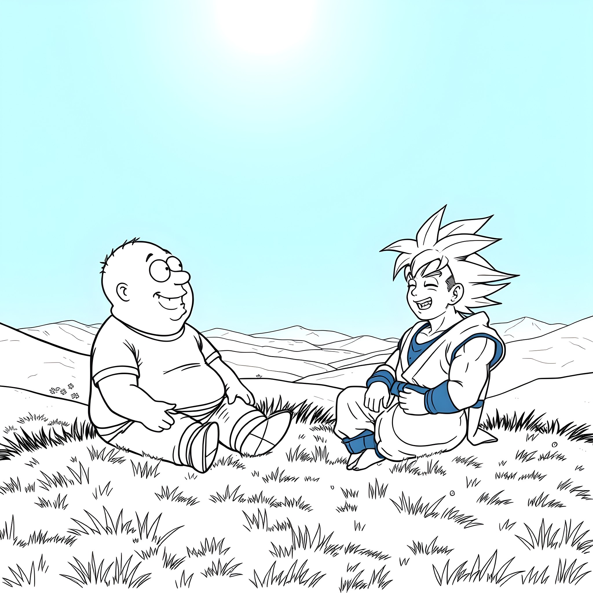 Cartman and the Anime Character Relaxing in the Grass Coloring Page (free black-and-white line drawing printable PDF for all, from beginners to advanced learners, including children, teens, adults, and seniors)