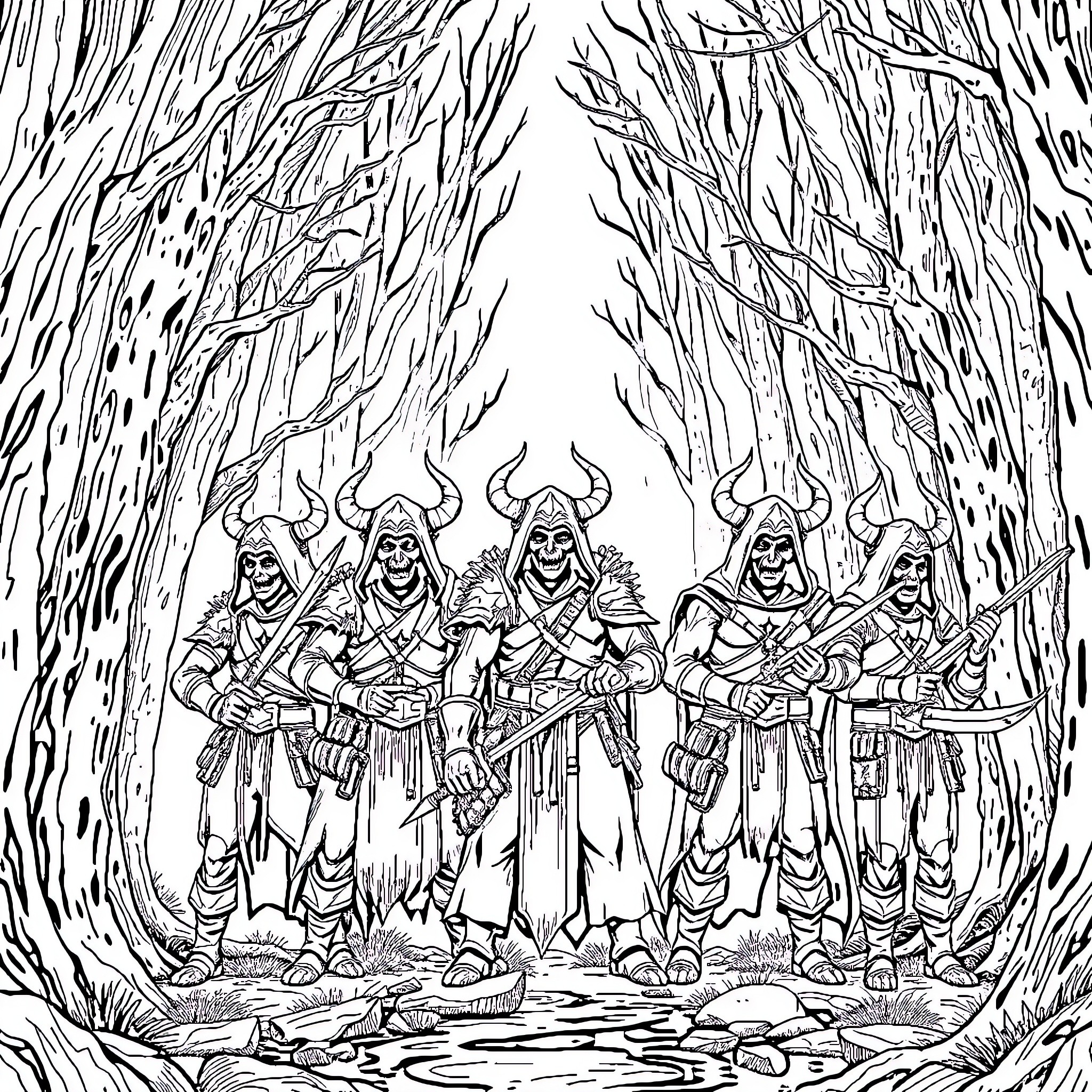 Demon Hunters Advancing Through Dark Forest Coloring Page (free black-and-white line drawing printable PDF for all, from beginners to advanced learners, including children, teens, adults, and seniors)