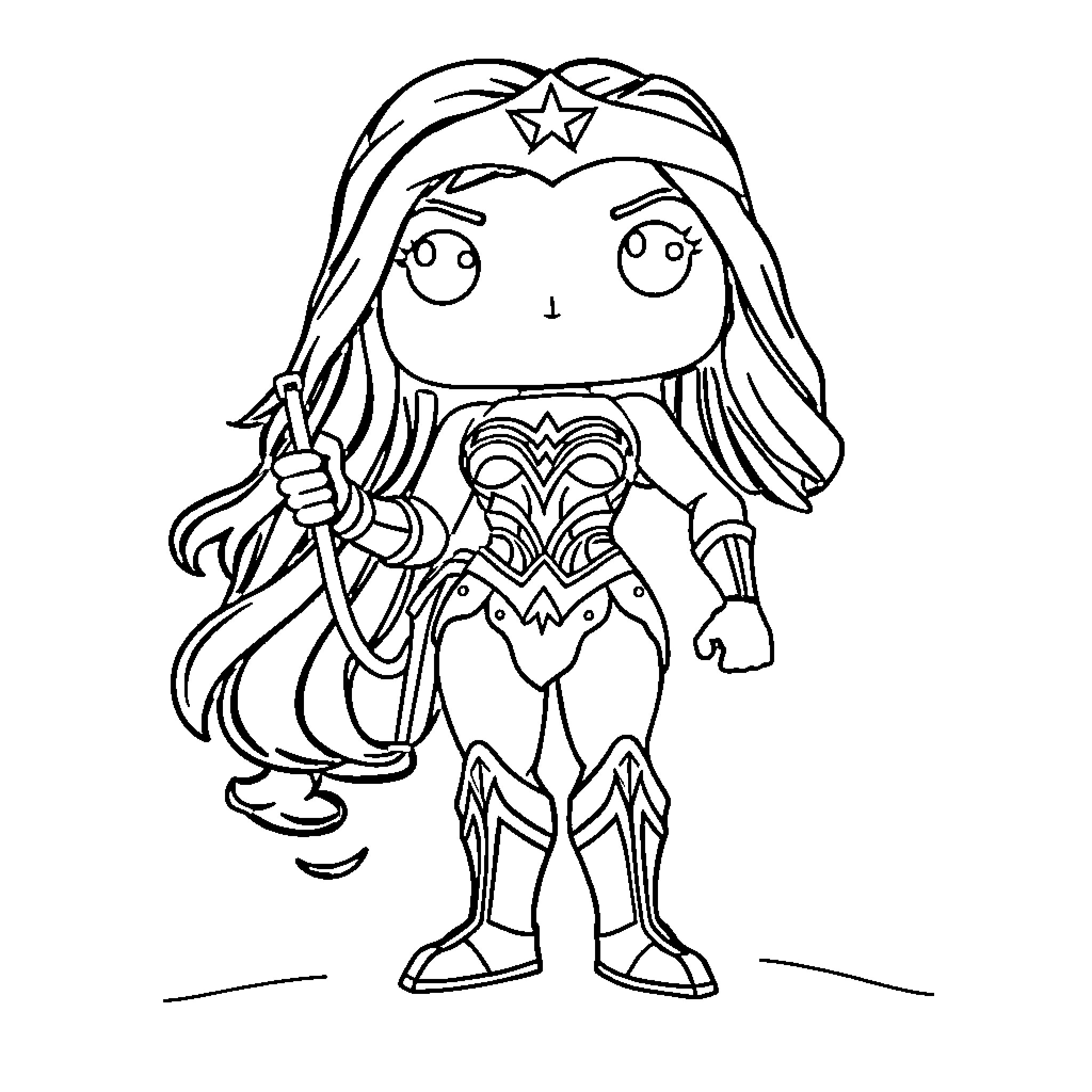 Wonder Woman Cartoon Character with Superhero Outfit Coloring Page (free black-and-white line drawing printable PDF for all, from beginners to advanced learners, including children, teens, adults, and seniors)