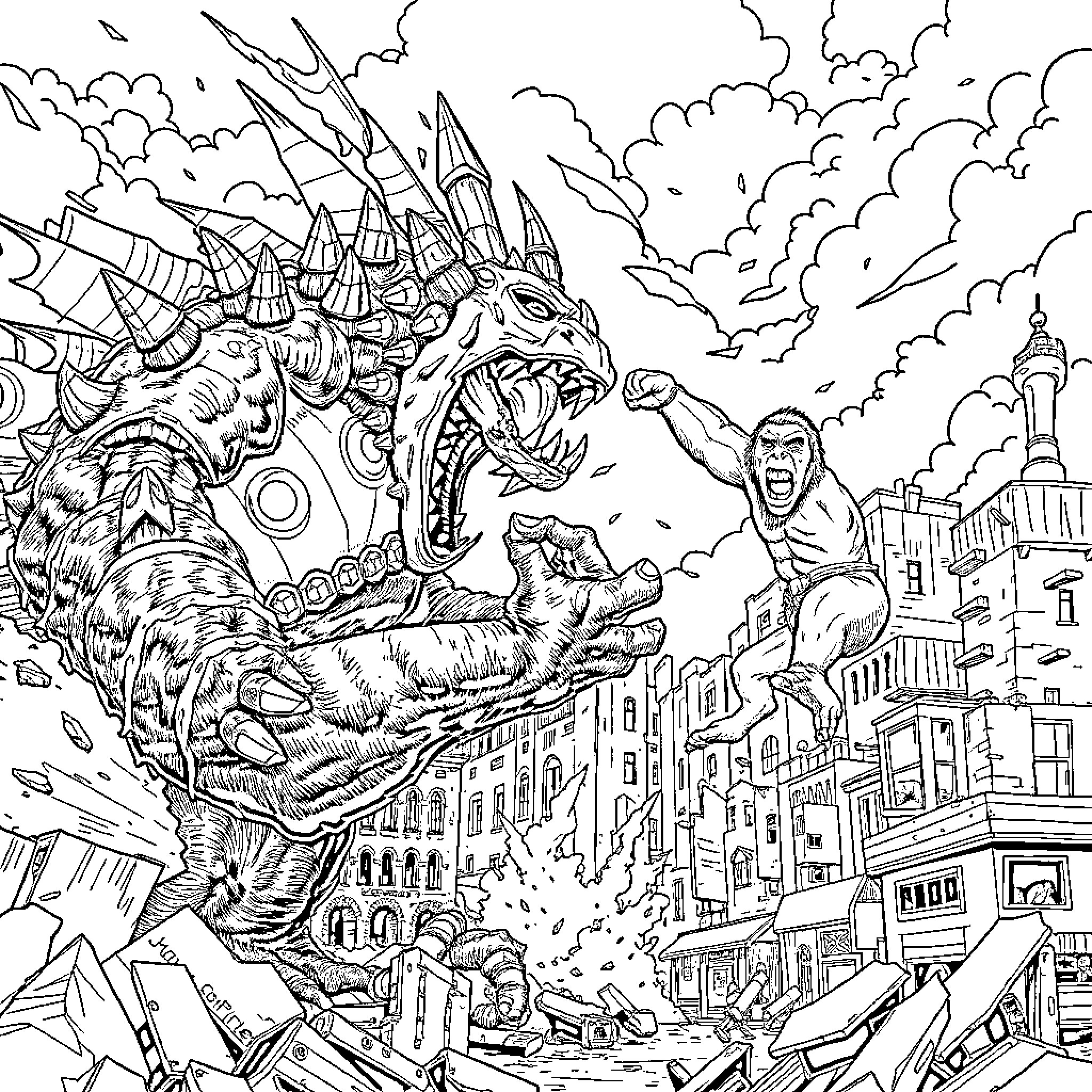 King Ghidorah battling a giant ape in a city Coloring Page (free black-and-white line drawing printable PDF for all, from beginners to advanced learners, including children, teens, adults, and seniors)