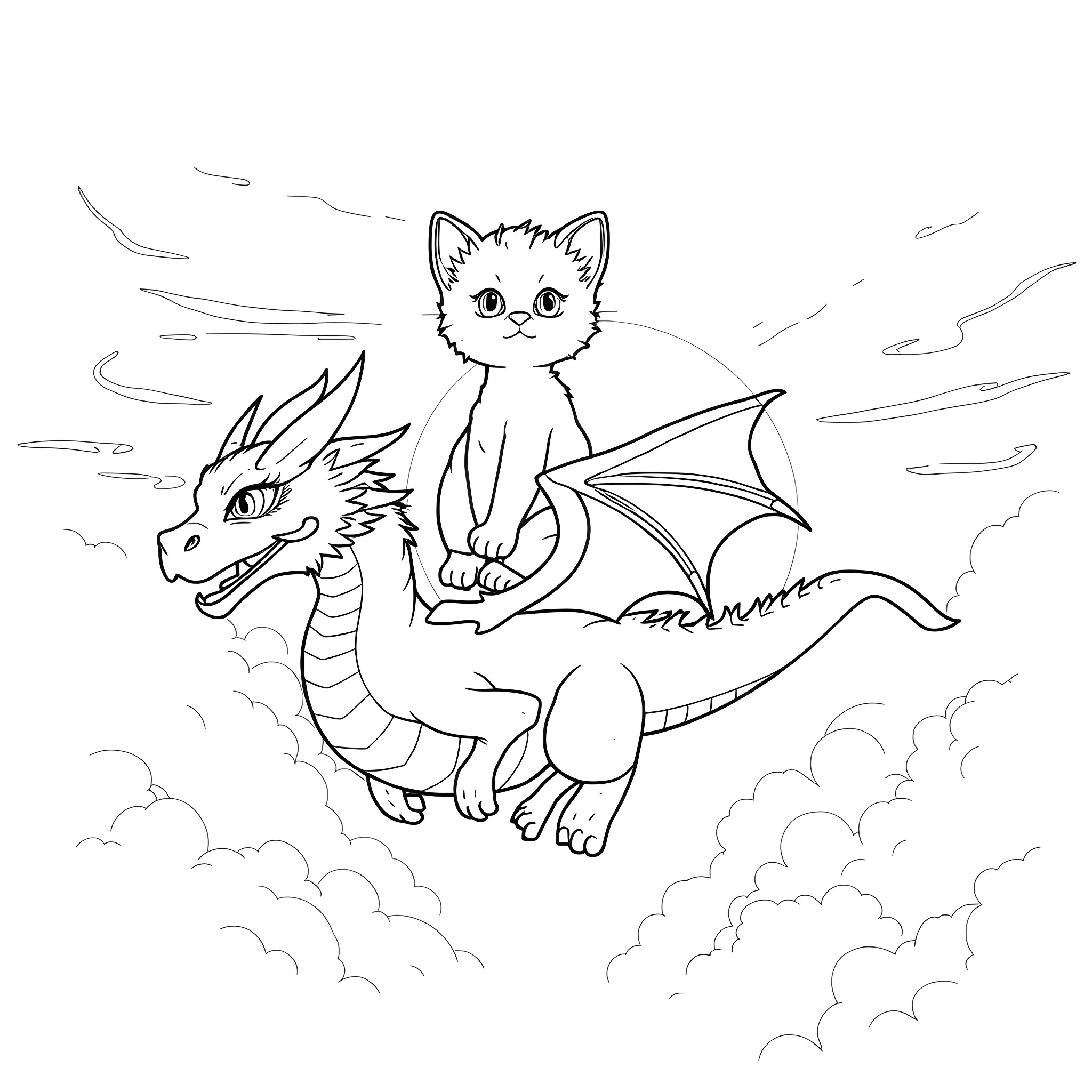 Kitten riding a mythical dragon in the sky Coloring Page (free black-and-white line drawing printable PDF for all, from beginners to advanced learners, including children, teens, adults, and seniors)