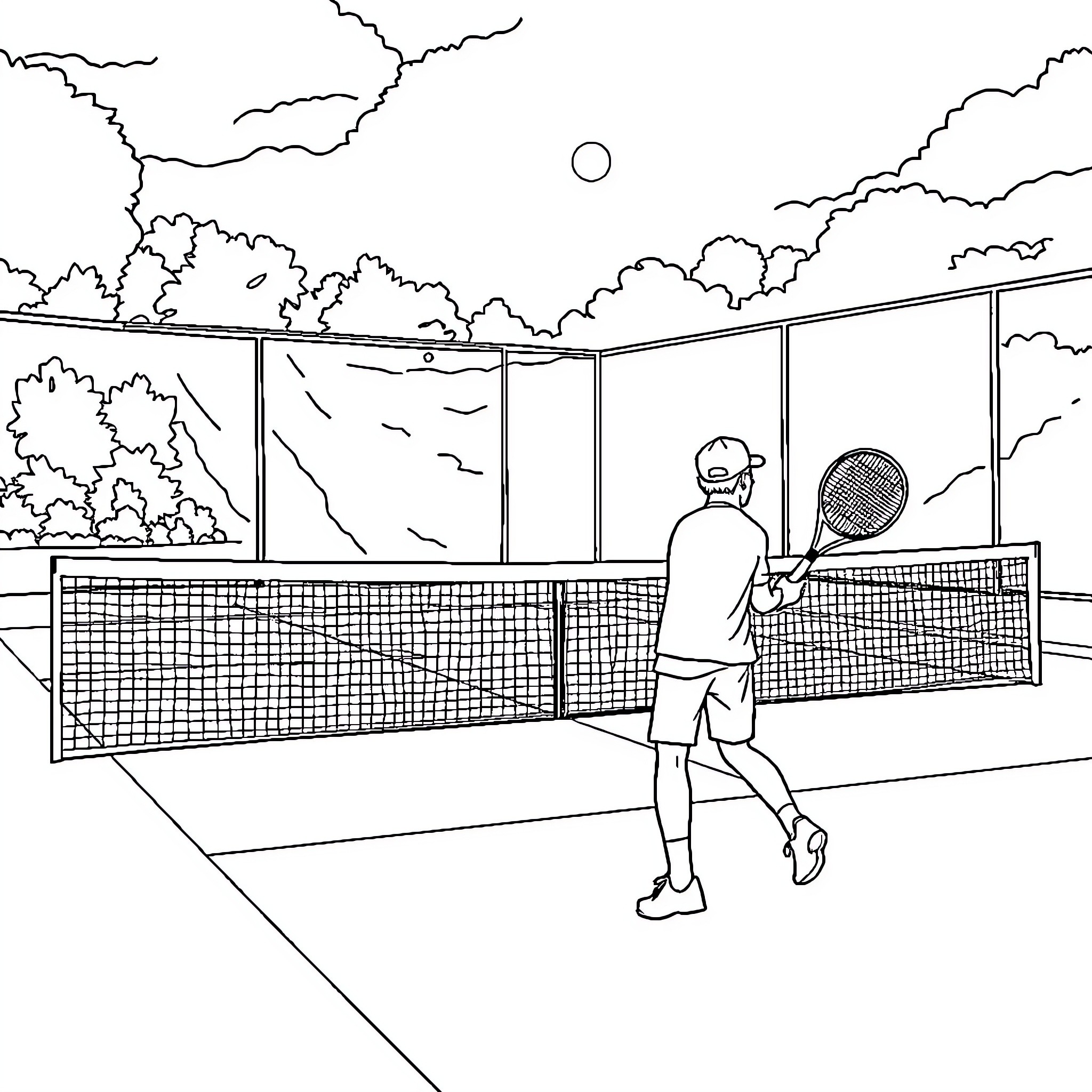 Dupont playing tennis on a sunny day Coloring Page (free black-and-white line drawing printable PDF for all, from beginners to advanced learners, including children, teens, adults, and seniors)