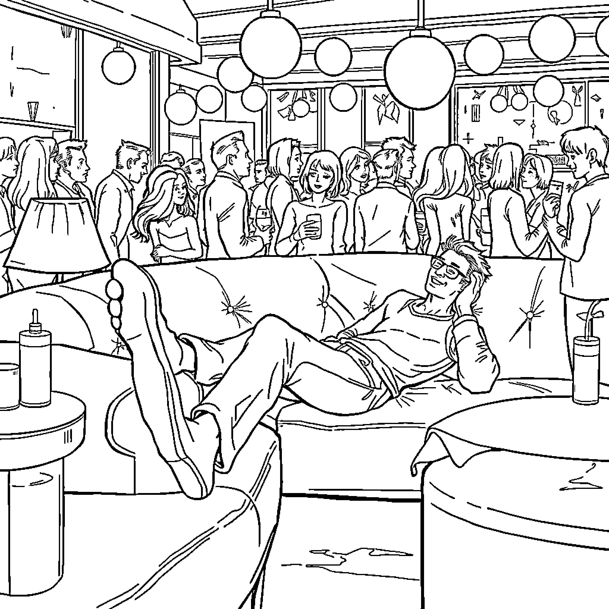 Boyfriend relaxing at a lively party with friends Coloring Page (free black-and-white line drawing printable PDF for all, from beginners to advanced learners, including children, teens, adults, and seniors)