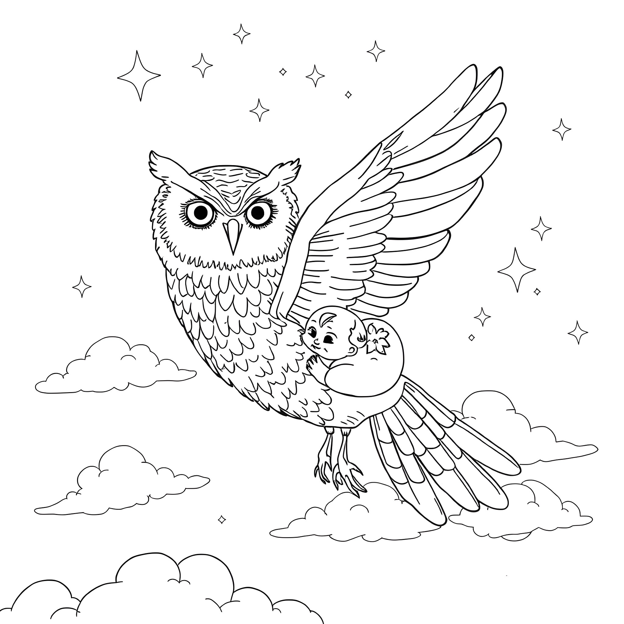 Owl guardian carrying a baby owl in the night sky Coloring Page (free black-and-white line drawing printable PDF for all, from beginners to advanced learners, including children, teens, adults, and seniors)