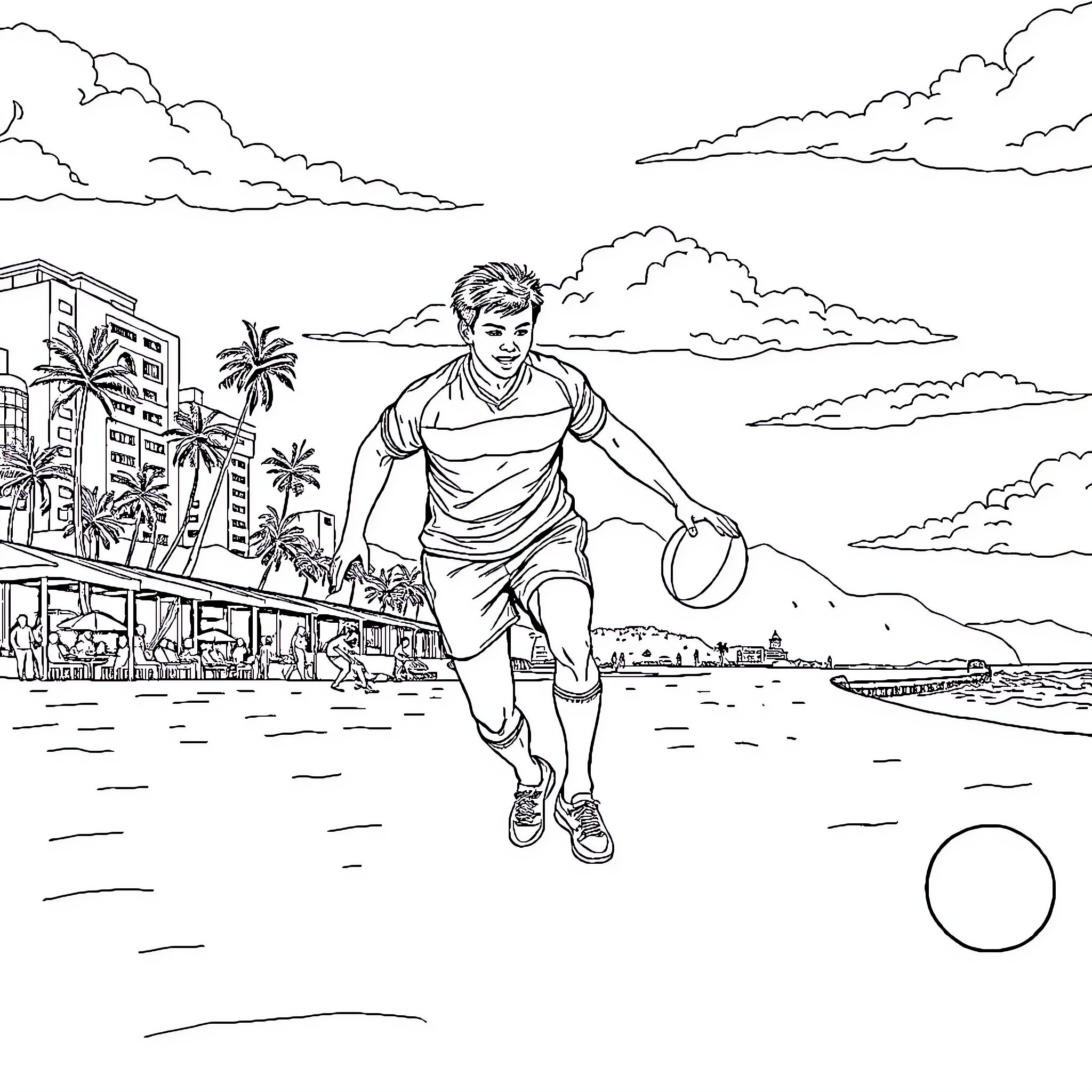 Rugby Player Running on the Beach Coloring Page (free black-and-white line drawing printable PDF for all, from beginners to advanced learners, including children, teens, adults, and seniors)