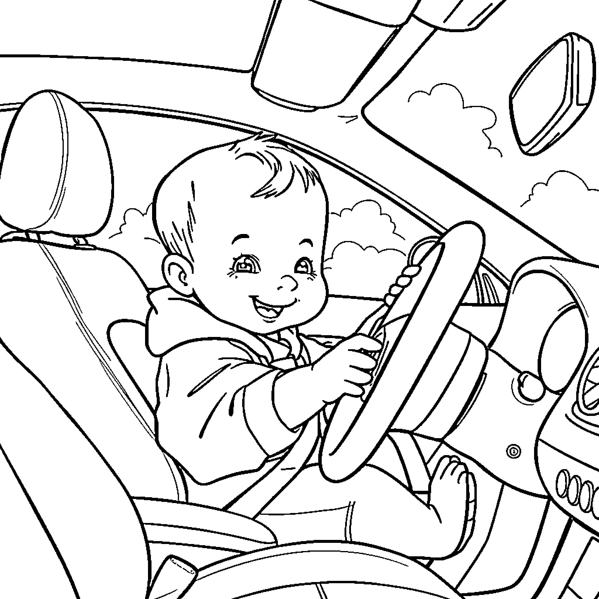 Baby driving happily in the car Coloring Page (free black-and-white line drawing printable PDF for all, from beginners to advanced learners, including children, teens, adults, and seniors)