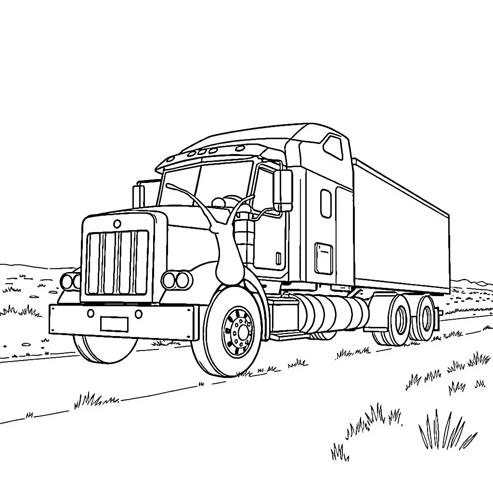 Snail-shaped semi-truck on the open road Coloring Page (free black-and-white line drawing printable PDF for all, from beginners to advanced learners, including children, teens, adults, and seniors)
