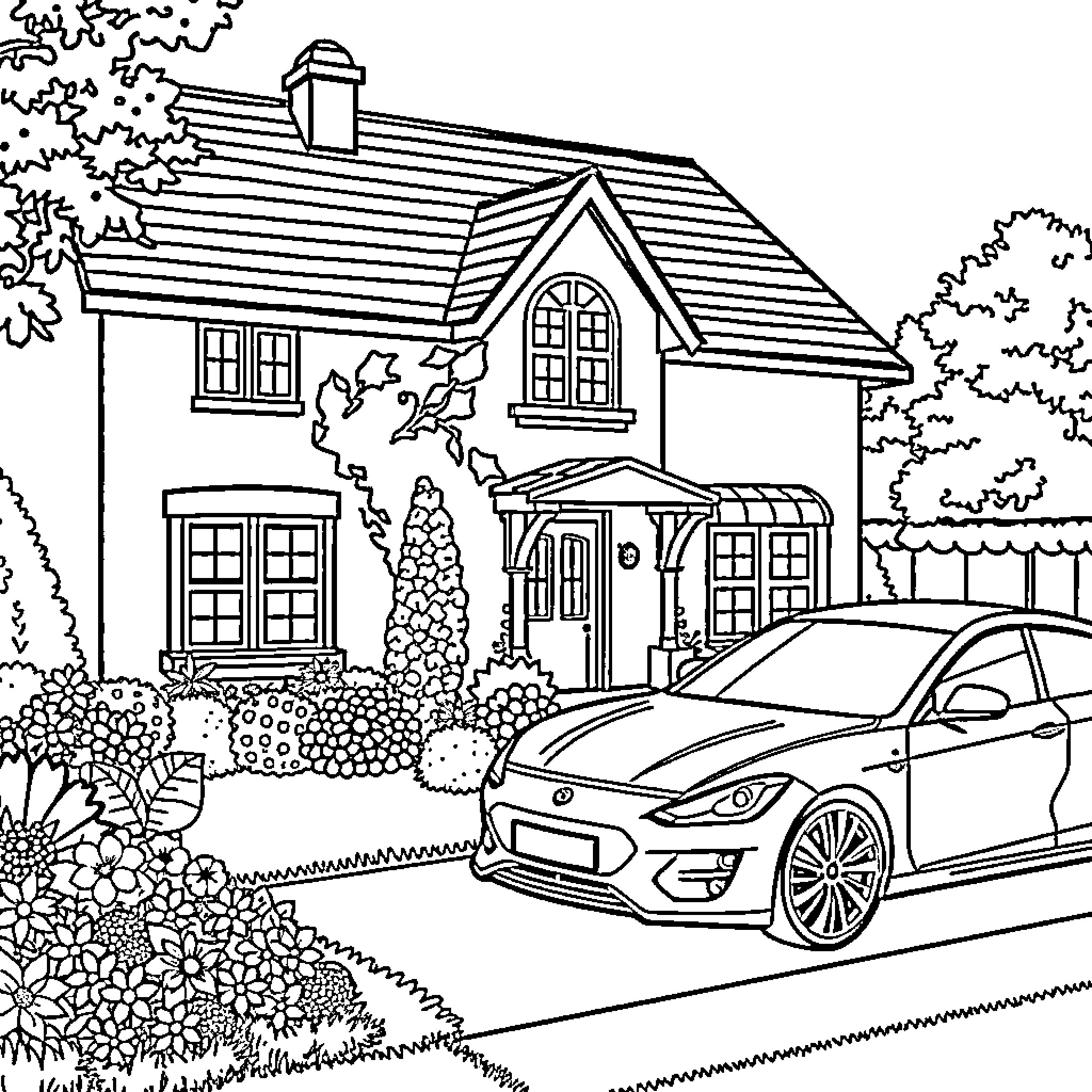 Home with family car in the driveway Coloring Page (free black-and-white line drawing printable PDF for all, from beginners to advanced learners, including children, teens, adults, and seniors)