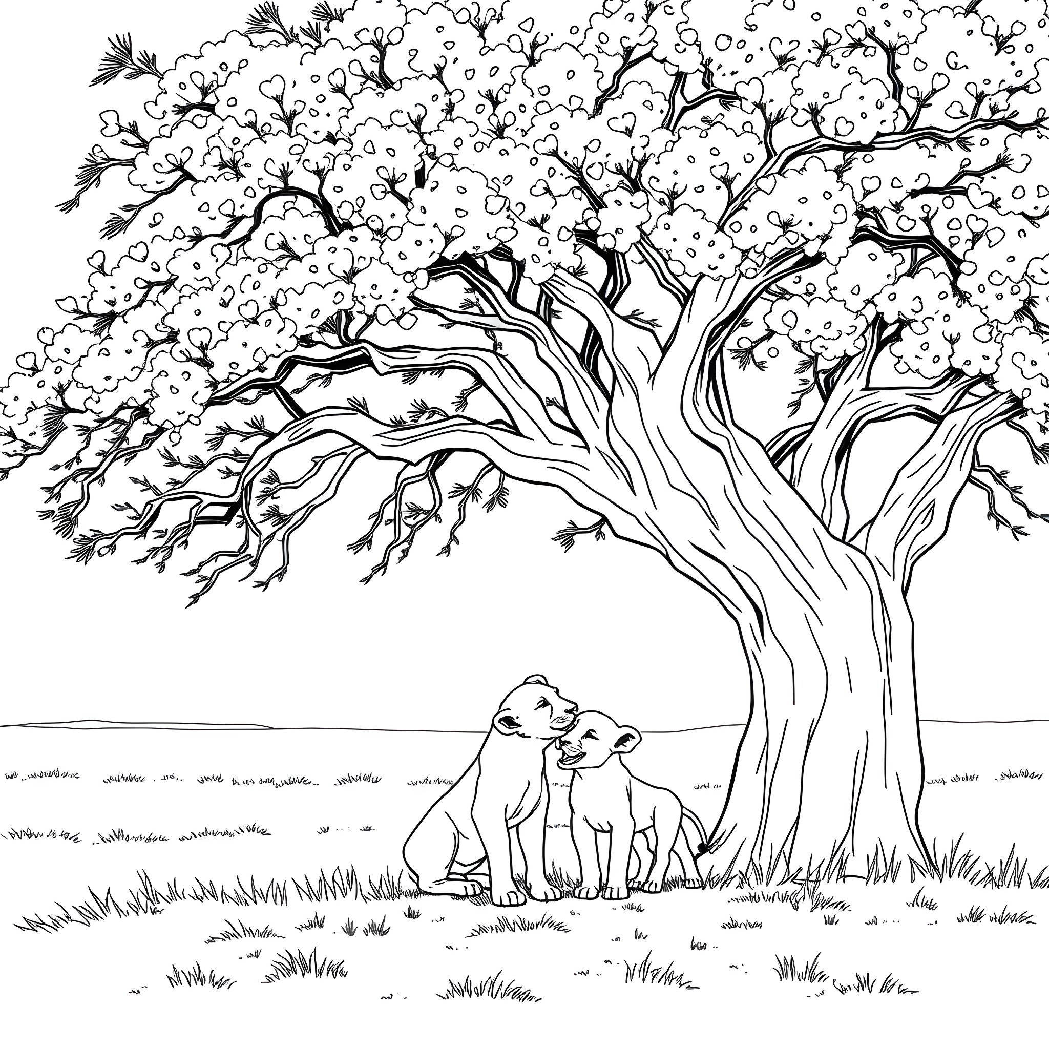 Lion cubs under the blossoming tree Coloring Page (free black-and-white line drawing printable PDF for all, from beginners to advanced learners, including children, teens, adults, and seniors)